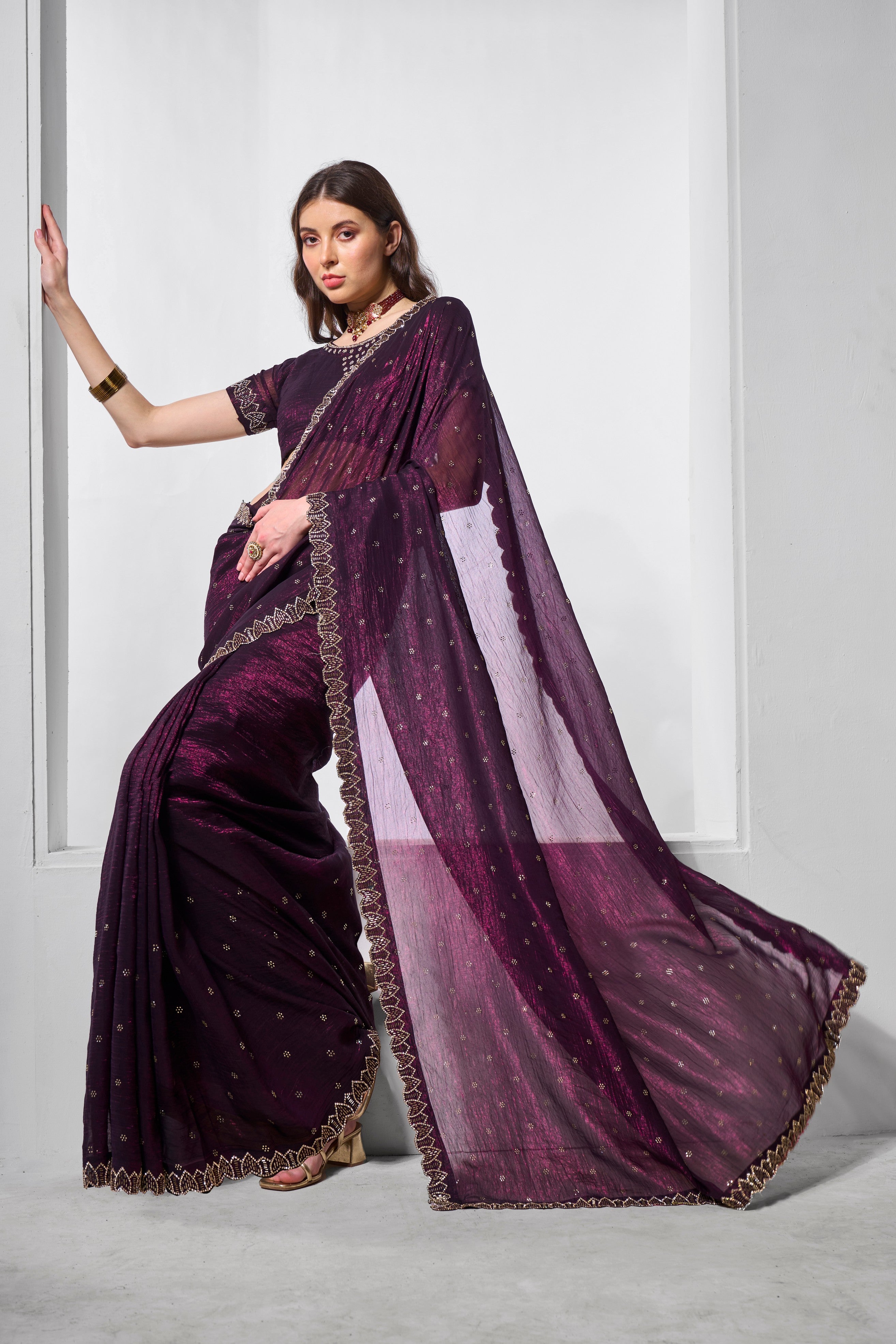 Wine Crunchy Chiffon Fabric Designer Embroidery Work Ceremonial Partywear Saree