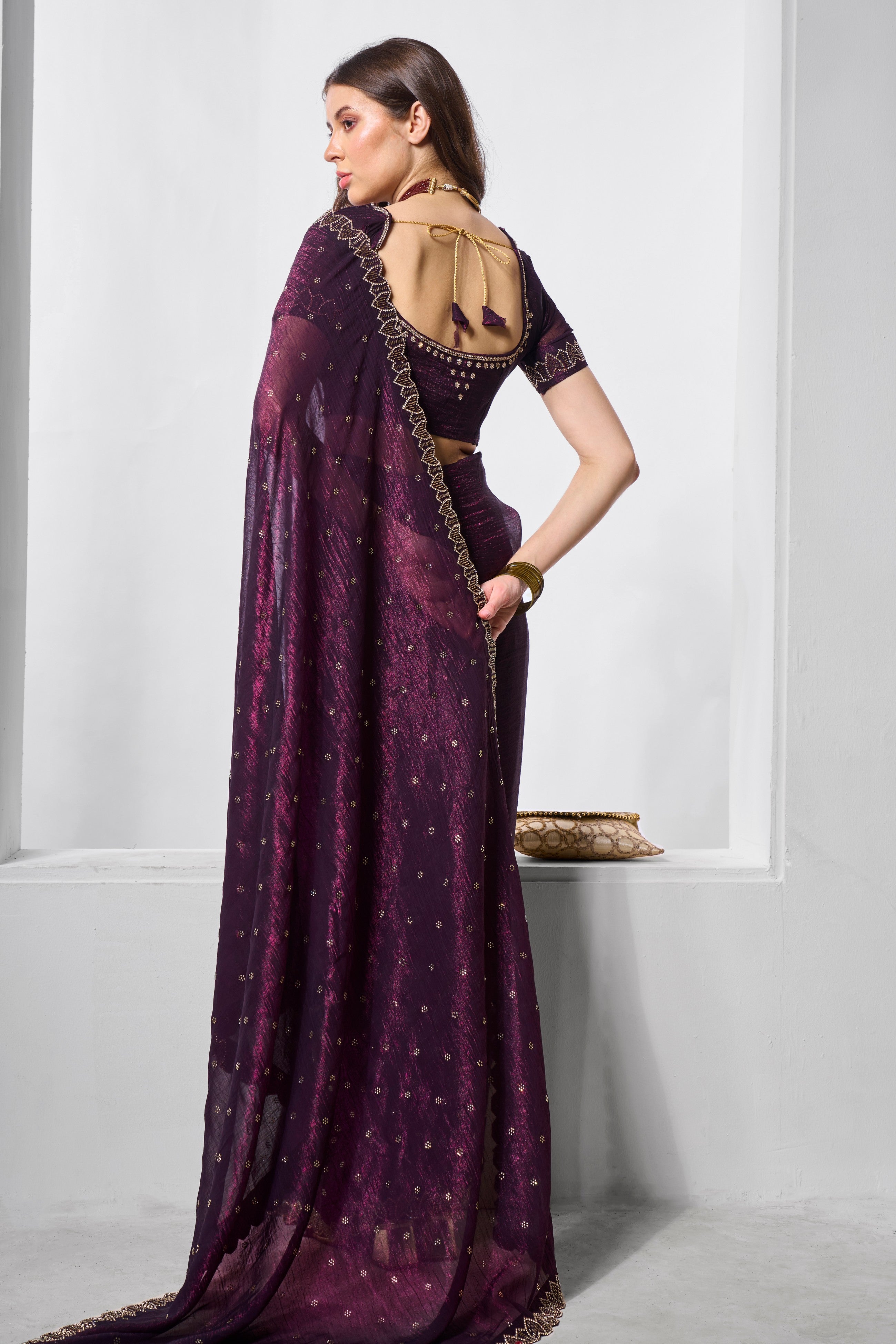 Wine Crunchy Chiffon Fabric Designer Embroidery Work Ceremonial Partywear Saree