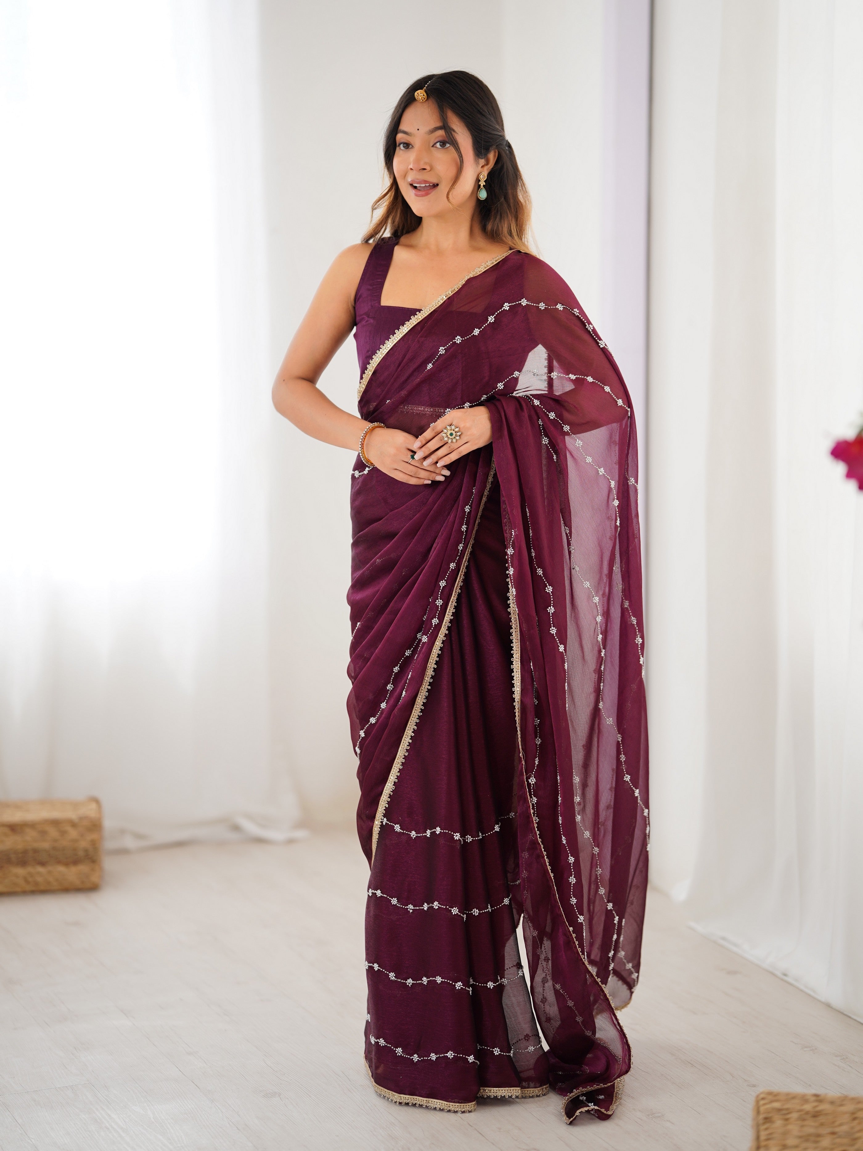 Wine Designer Beads Work Sitara Chiffon Girlie Ceremonial Saree