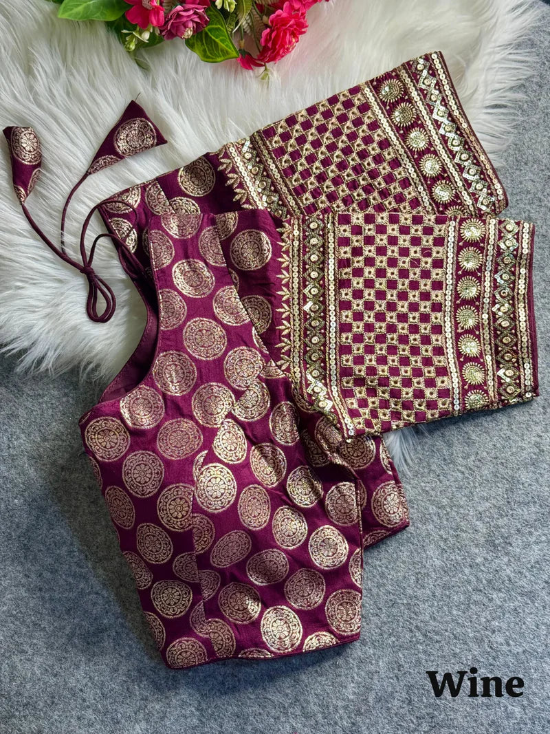 Wine Designer Dola Silk Heavy Embroidered & Sequins Blouse for Women