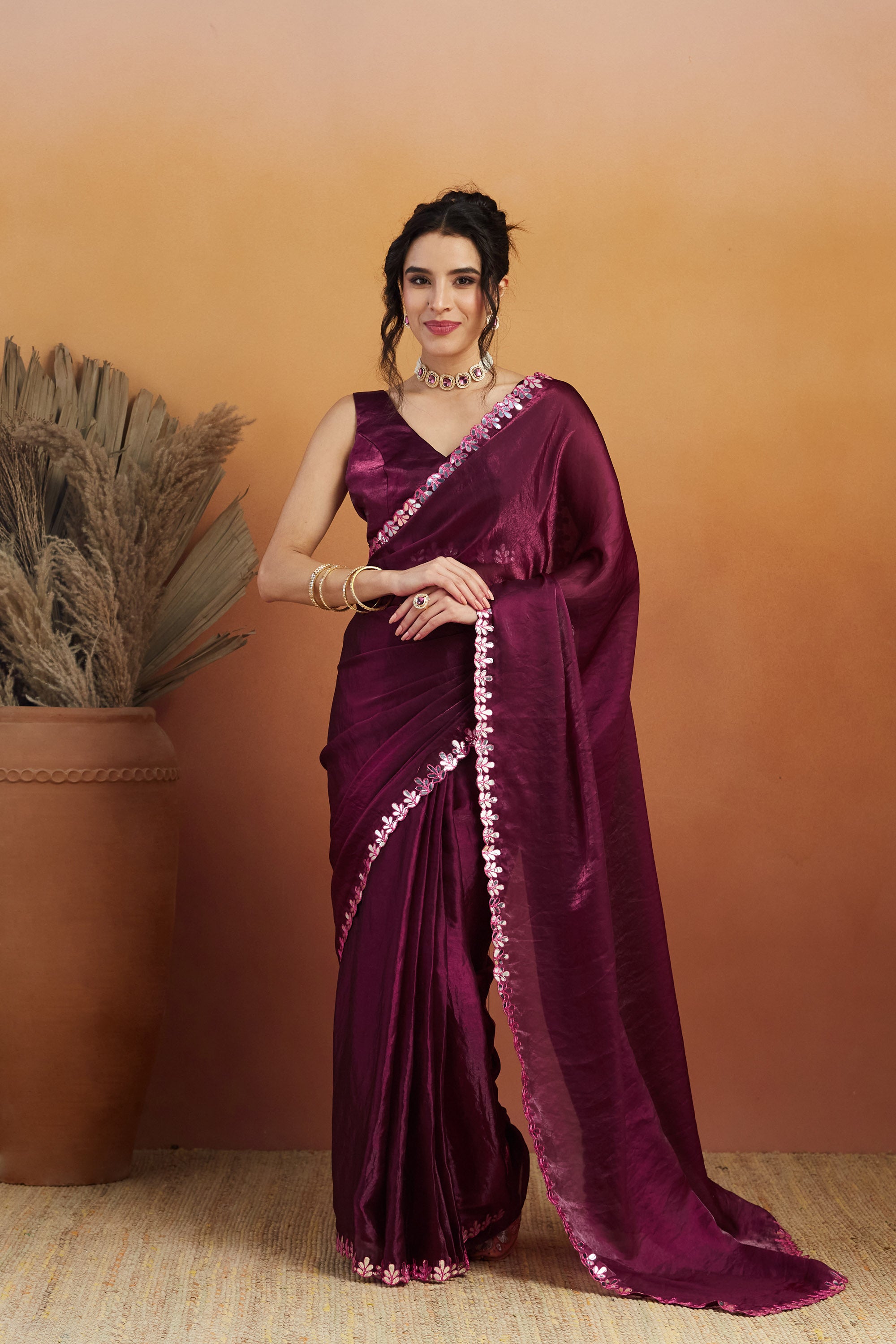 Wine Designer Embroidery Work Ready To Wear Saree