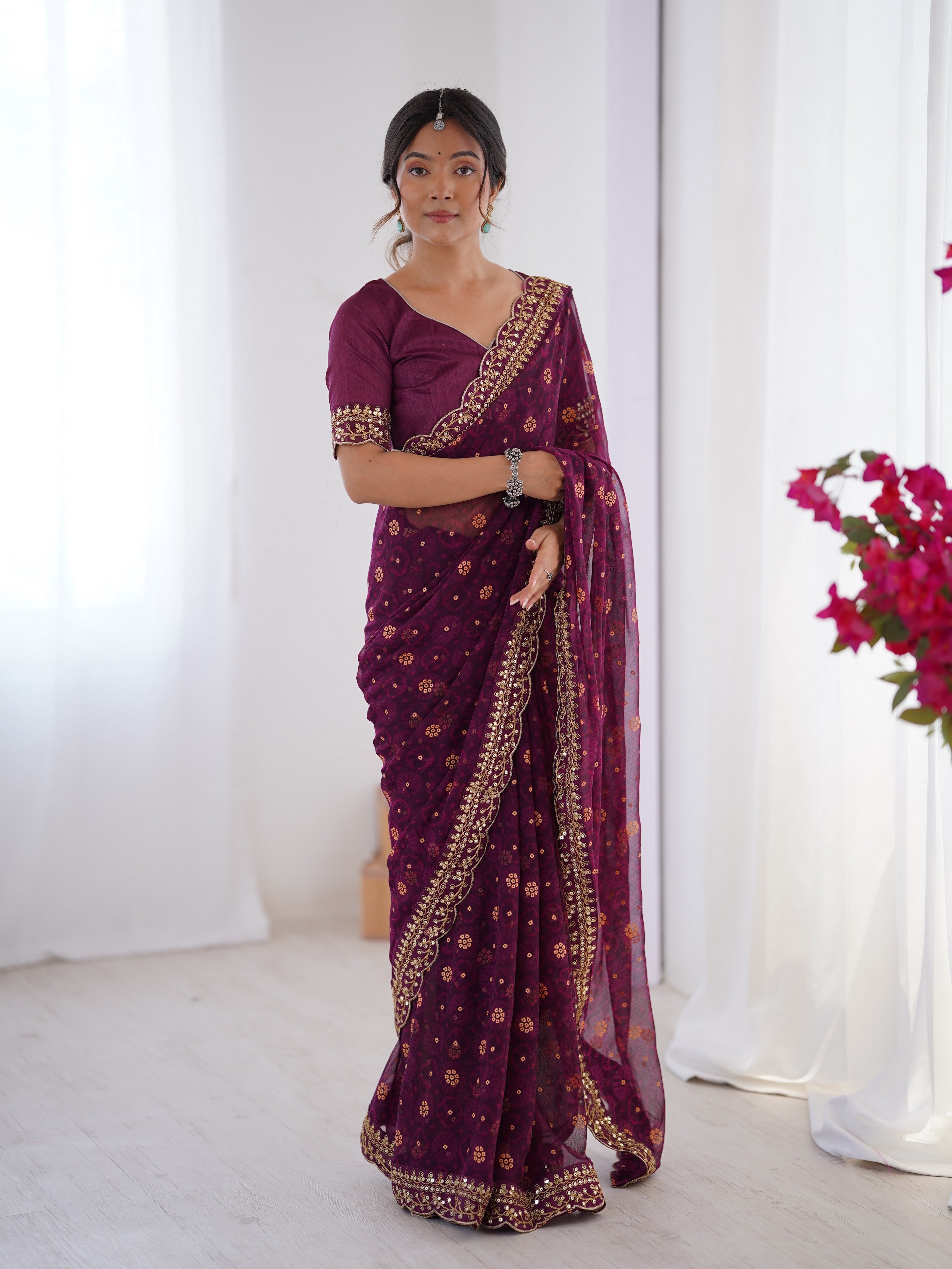 Wine Designer Printed With Embroidery Lace Work Georgette Festive Saree
