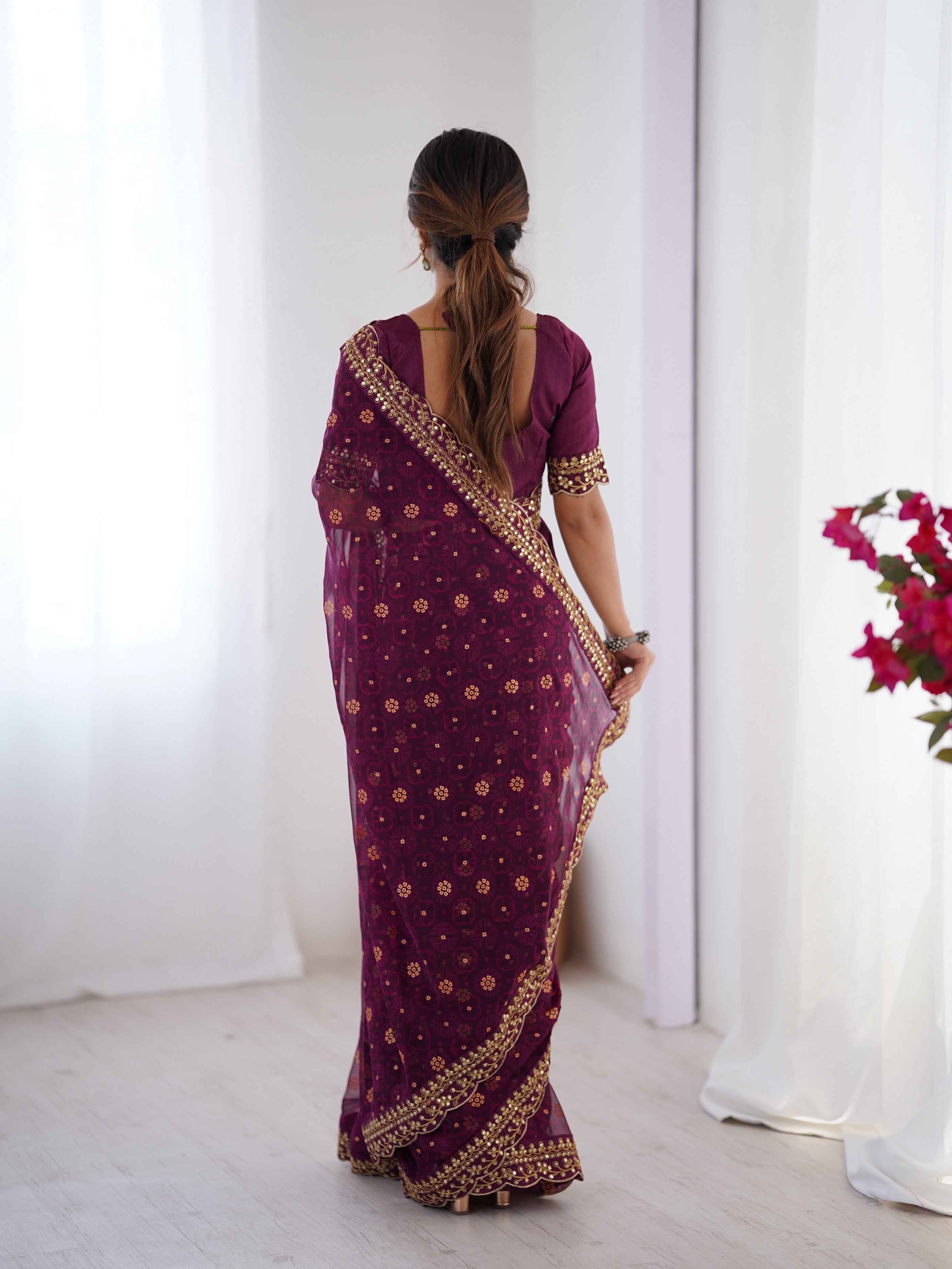 Wine Designer Printed With Embroidery Lace Work Georgette Festive Saree