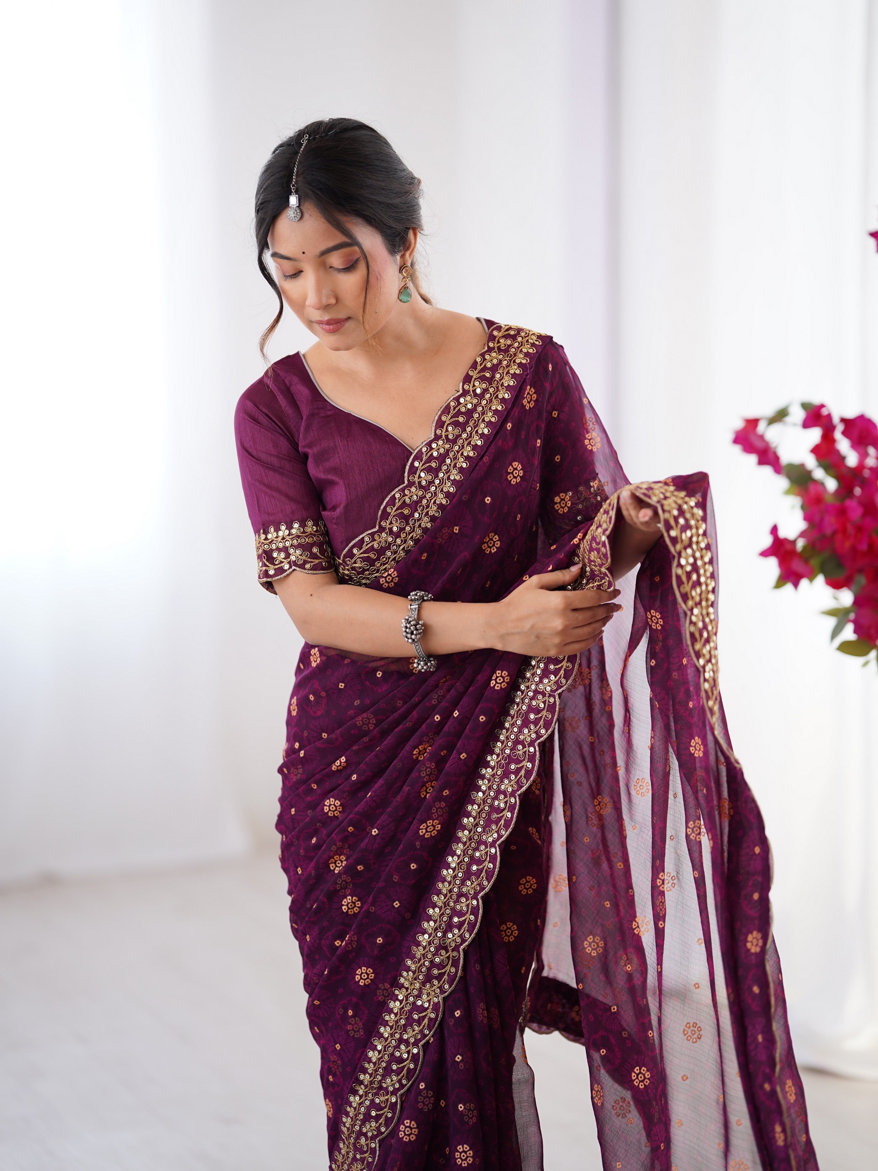 Wine Designer Printed With Embroidery Lace Work Georgette Festive Saree