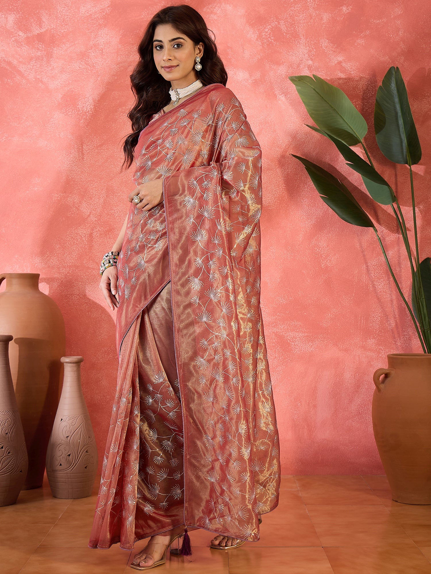 Wine Designer Twill Net Sequins Embroidery Work Saree