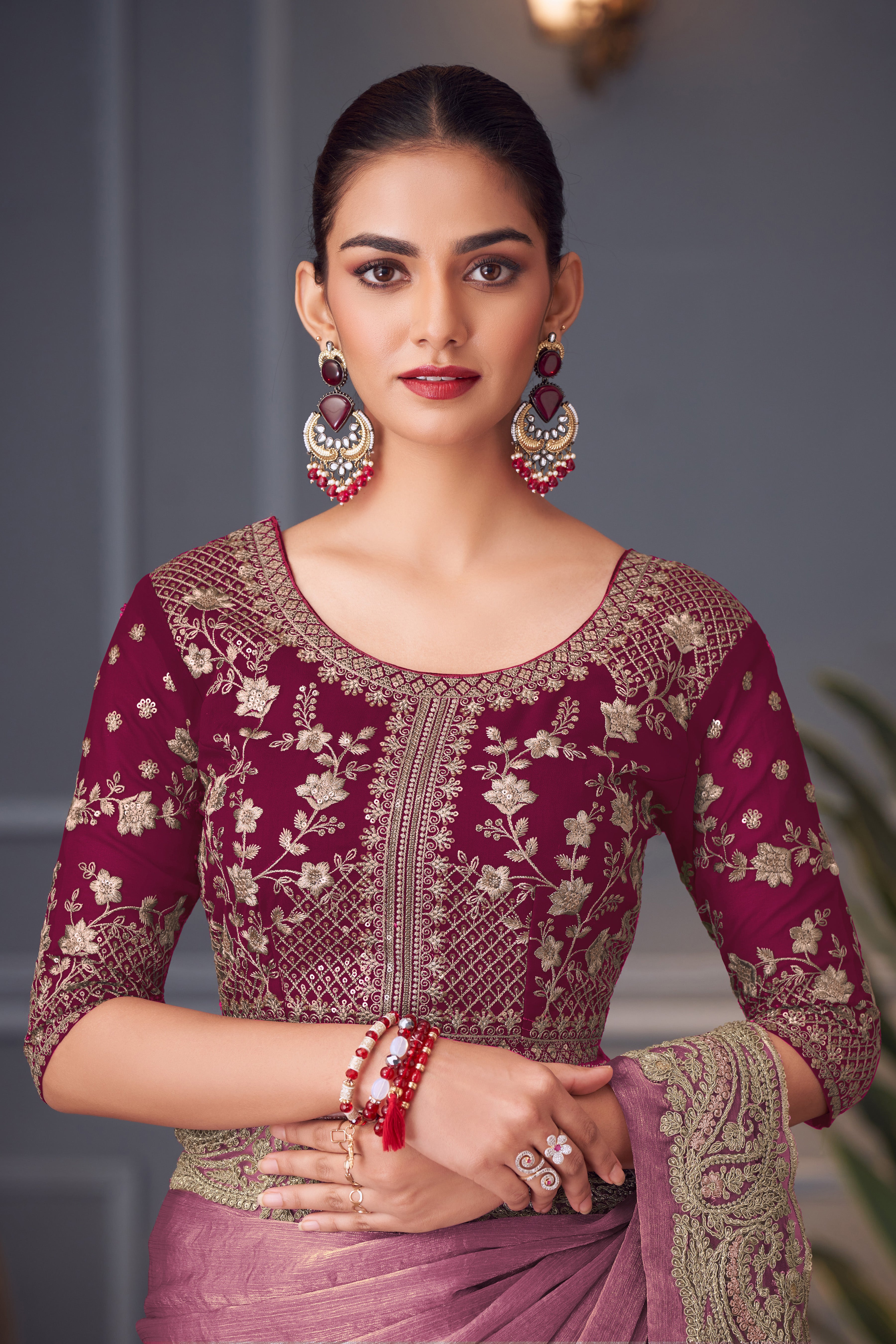 Wine Double Tone Silk Saree with Thread Sequins Work