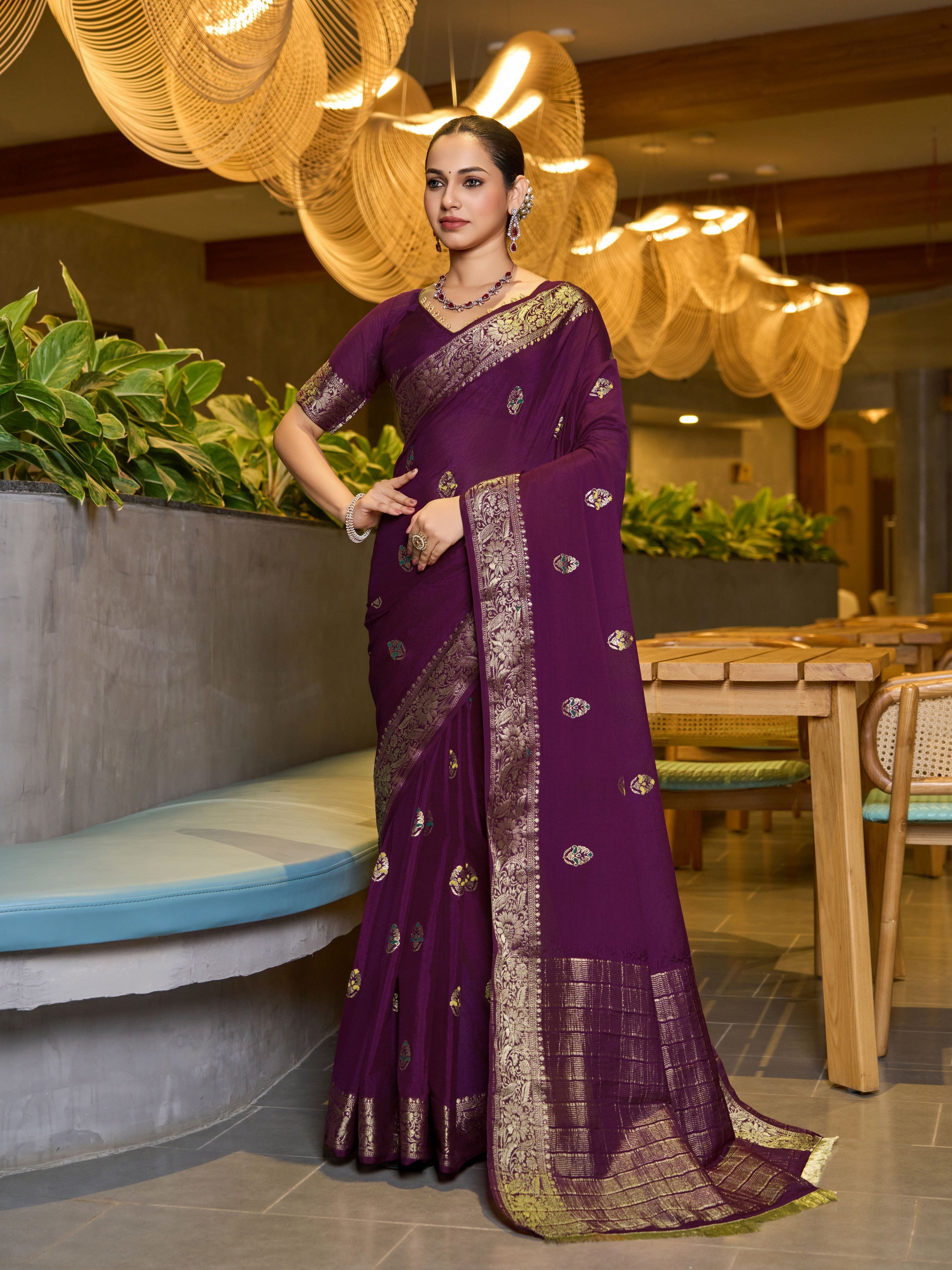Wine Ethnic Chinon Woven Designer Partywear Saree