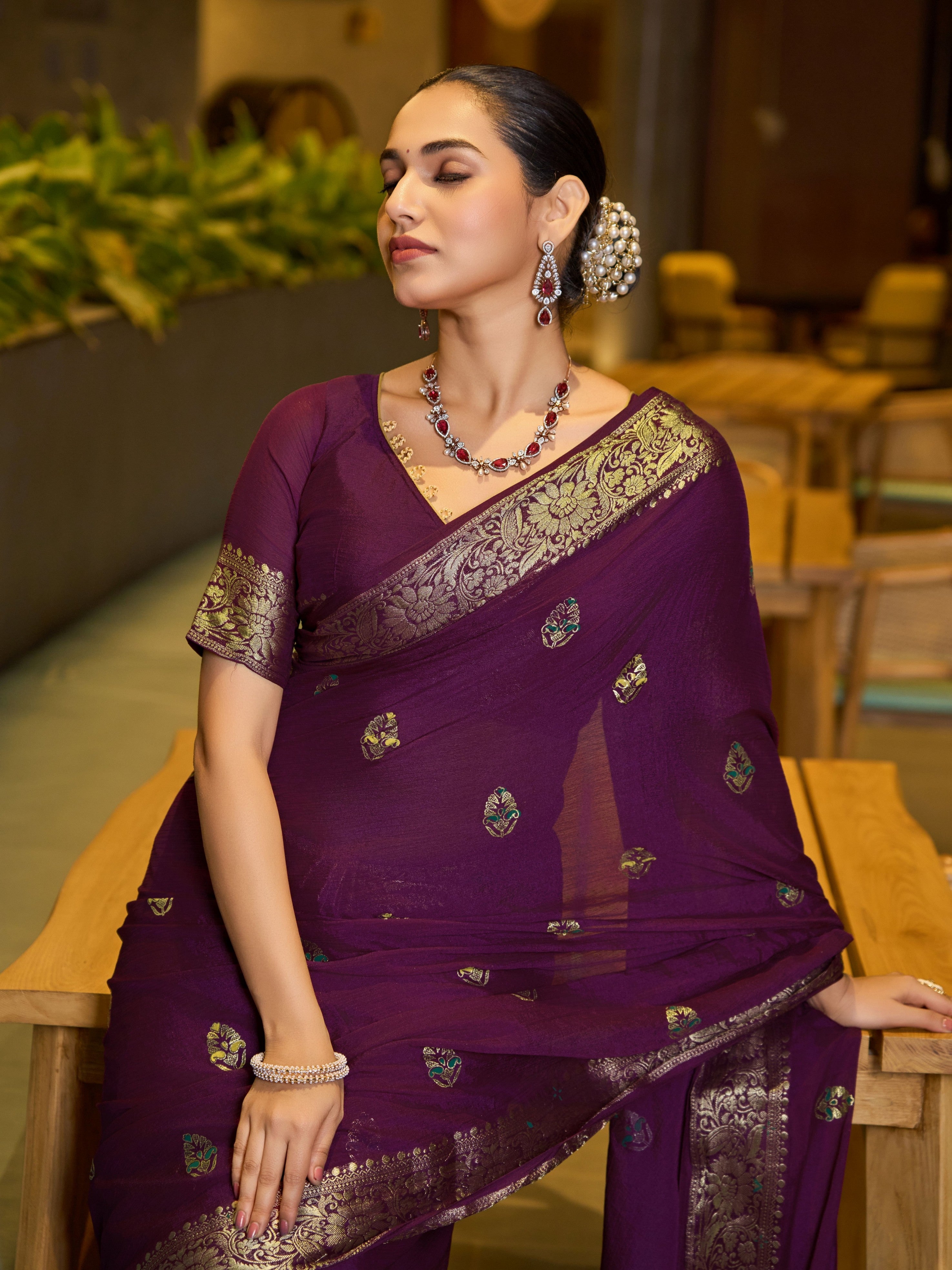 Wine Ethnic Chinon Woven Designer Partywear Saree