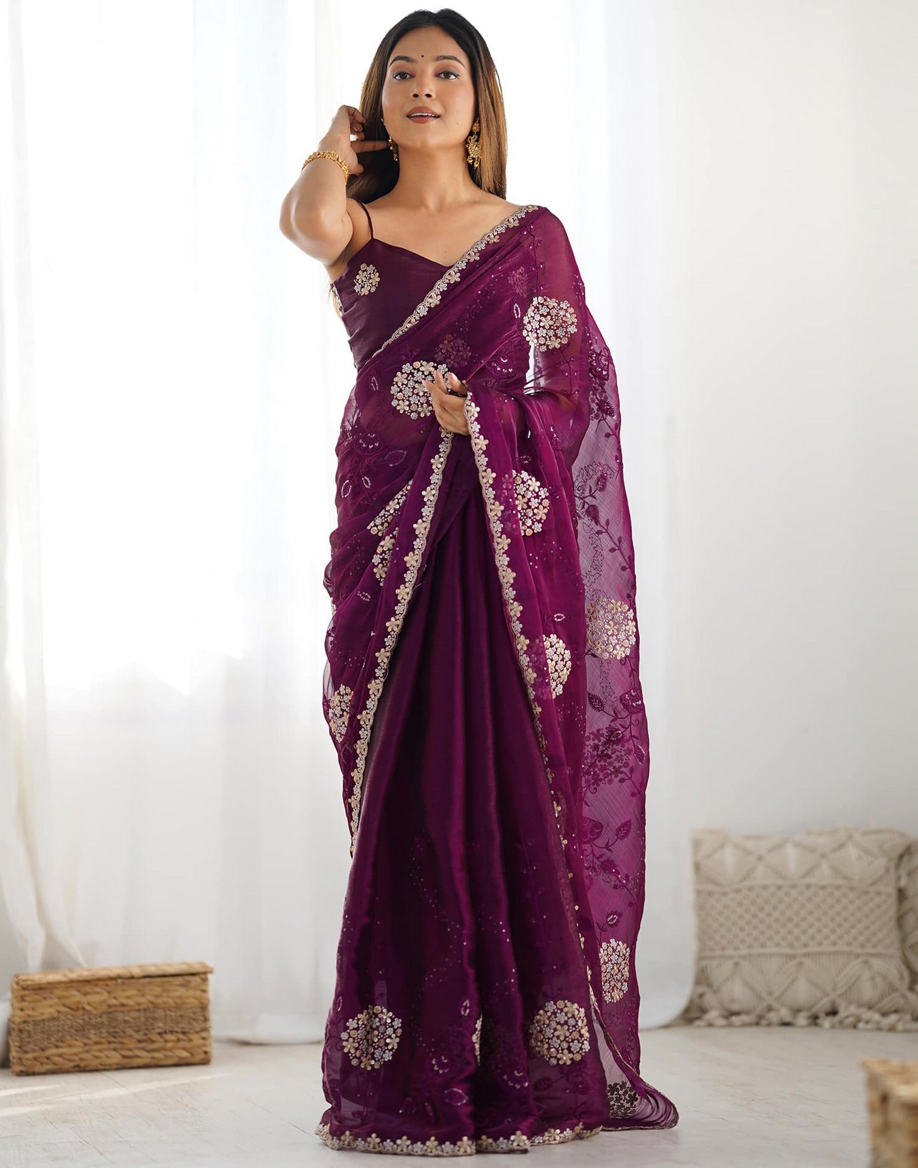 Wine Fancy Embroidery Work Jimmy Choo Girlie Bollywood Saree