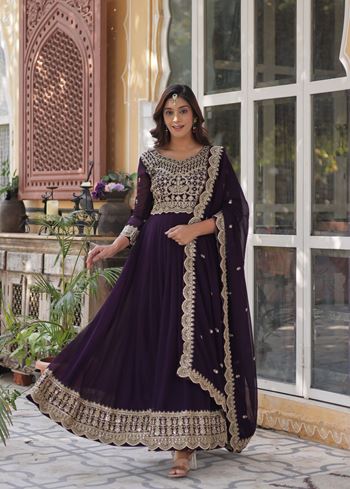 Wine Faux Blooming Suit With Embroidery Zari Sequins-work