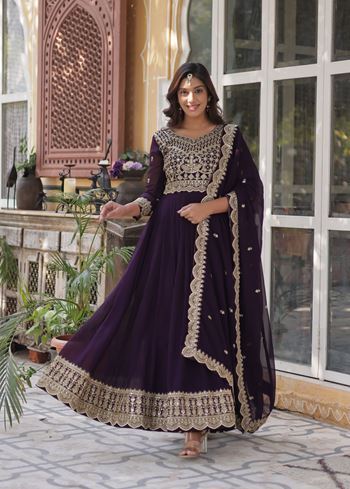 Wine Faux Blooming Suit With Embroidery Zari Sequins-work