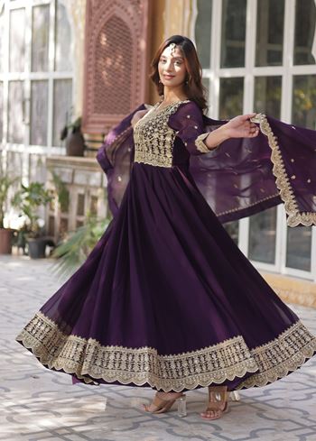 Wine Faux Blooming Suit With Embroidery Zari Sequins-work