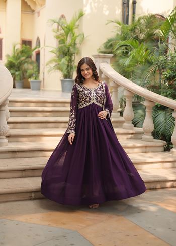 Wine Faux Blooming Suit With Sequins-Multi & Zari Embroidered Work