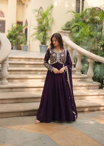 Wine Faux Blooming Suit With Sequins-Multi & Zari Embroidered Work