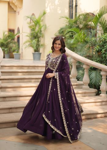 Wine Faux Blooming Suit With Sequins-Multi & Zari Embroidered Work