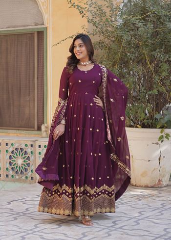 Wine Faux Blooming Suit With Zari & Sequins Embroidery