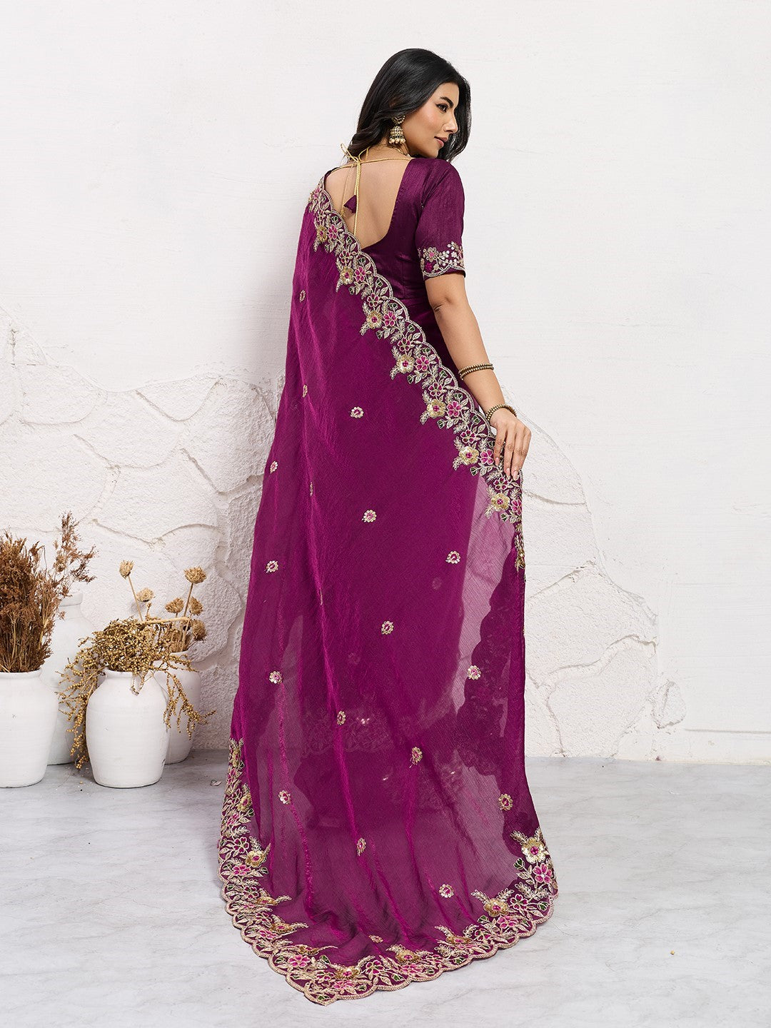 Wine Fendy Chiffon Saree With Embroidery Classic Premium Saree