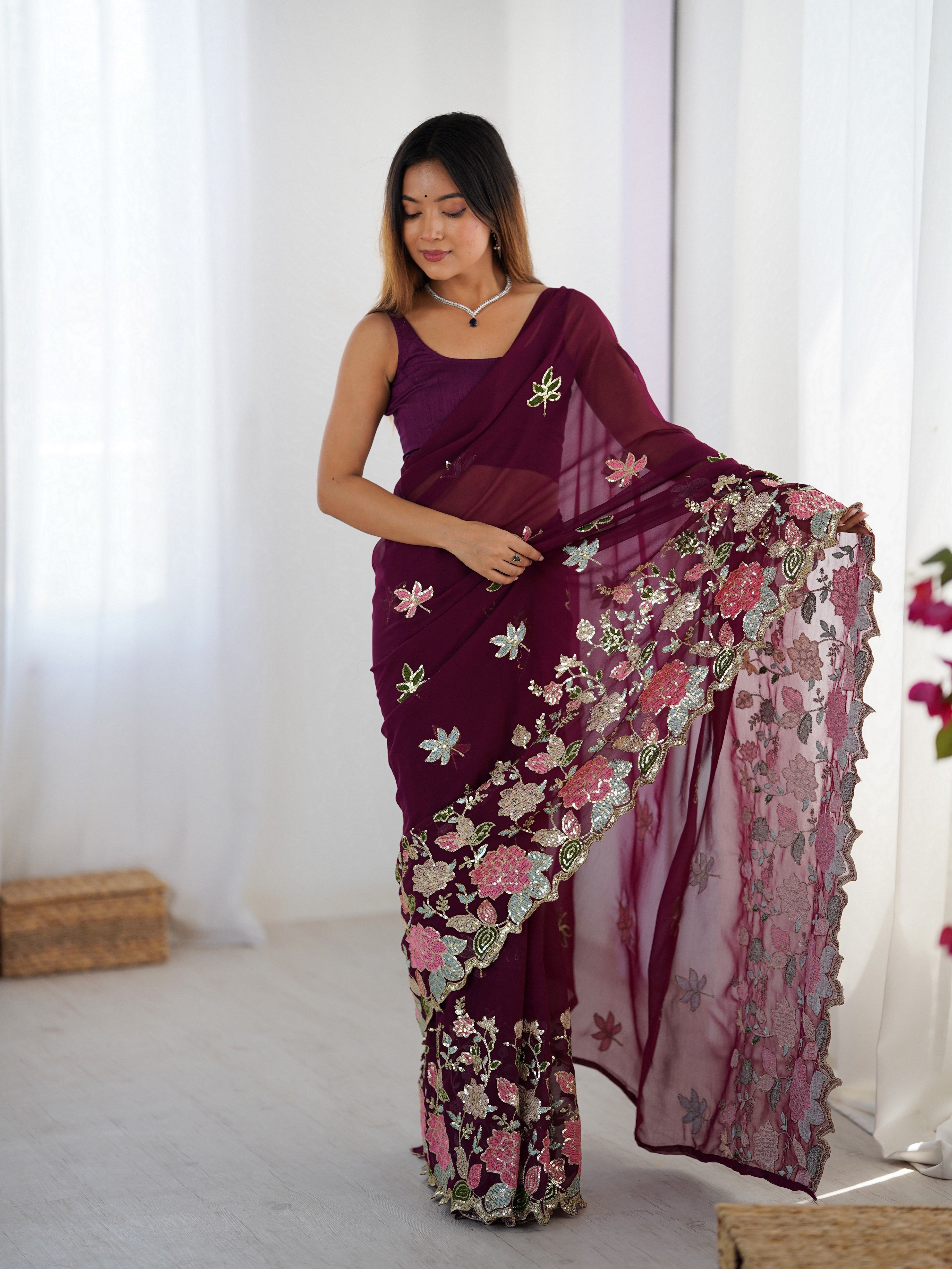 Wine Floral Embroidered Sequins Work Partywear Saree