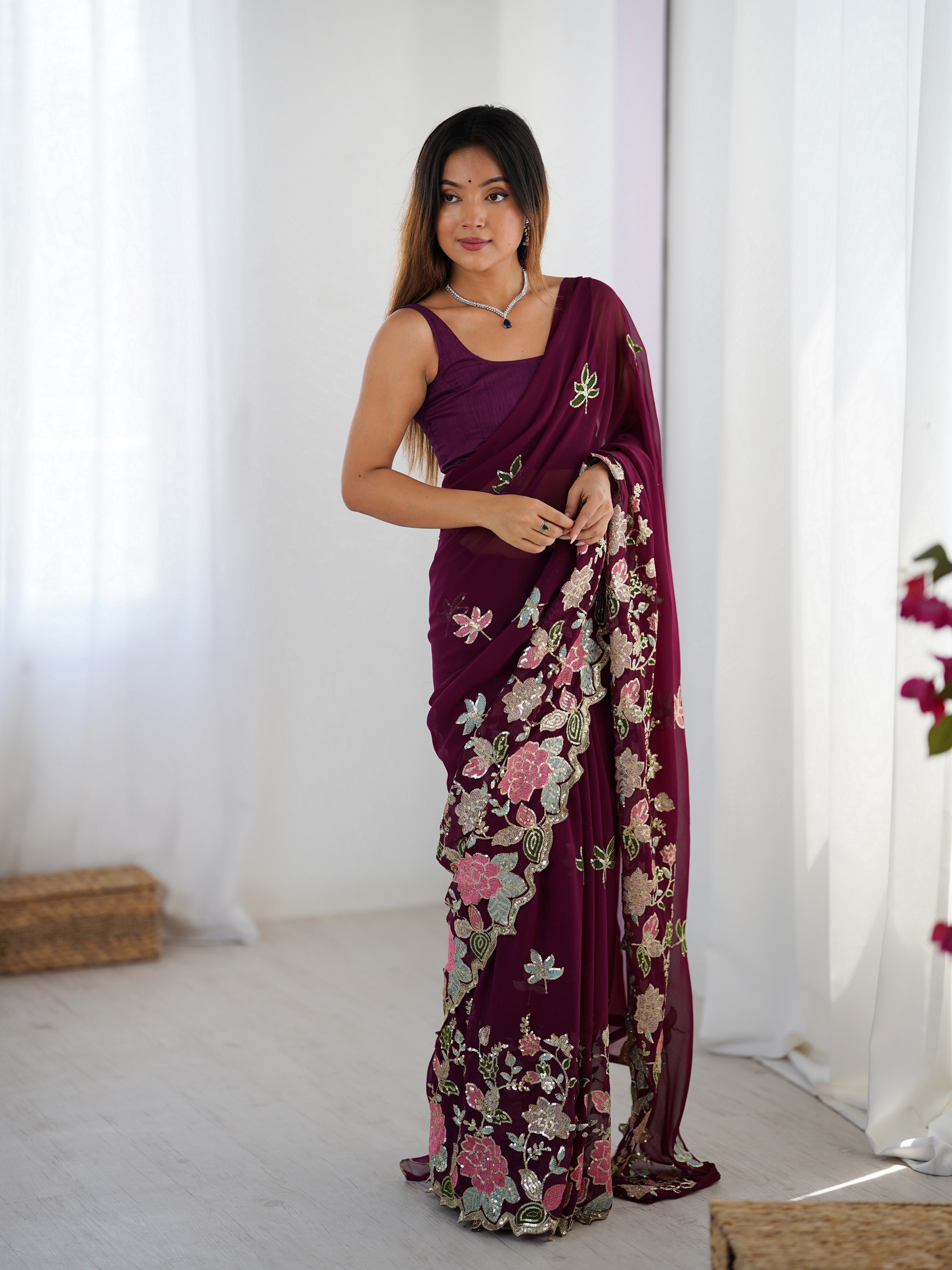 Wine Floral Embroidered Sequins Work Partywear Saree
