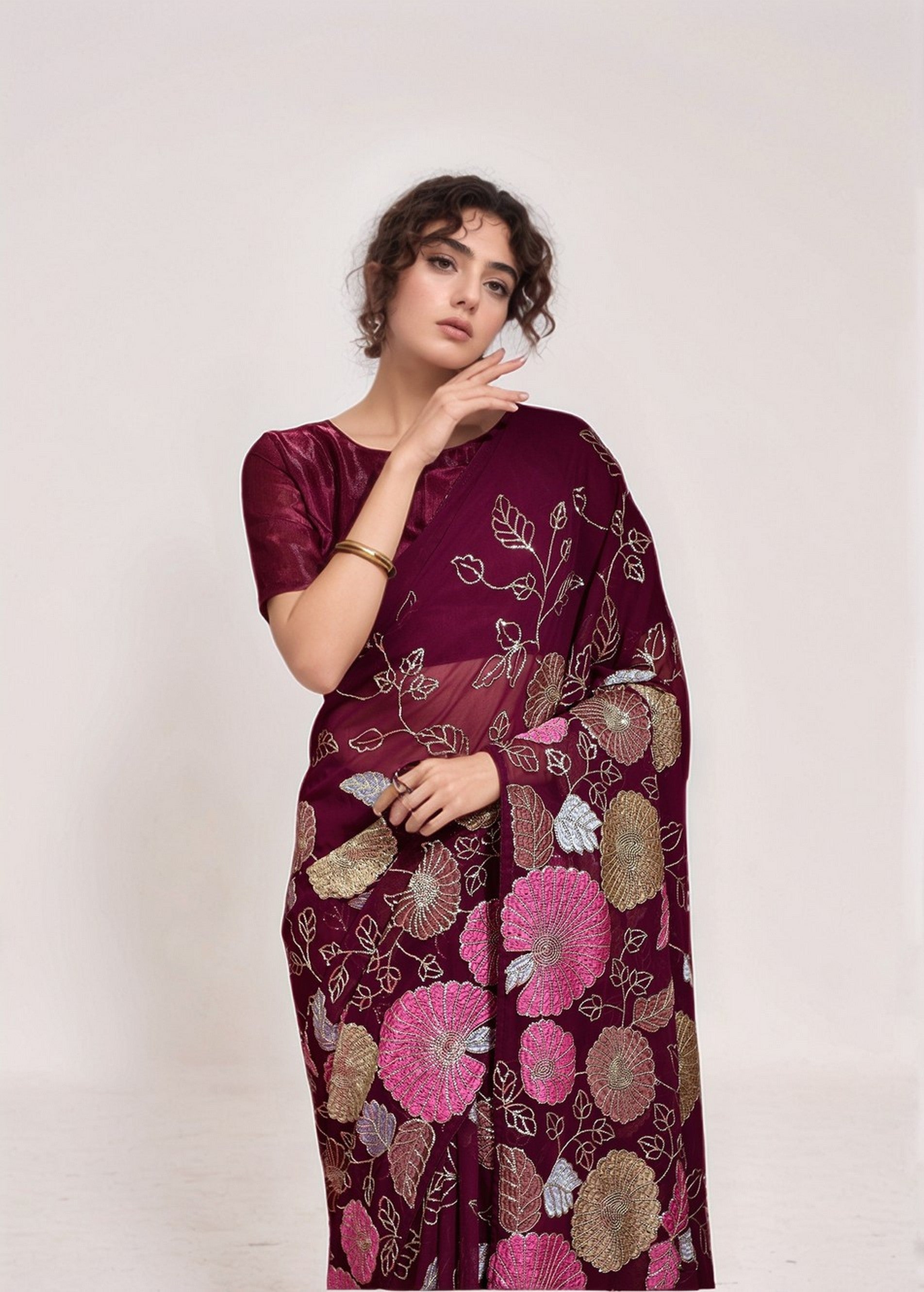 Wine Georgette Bollywood Style Sequins Embroidery Work Saree