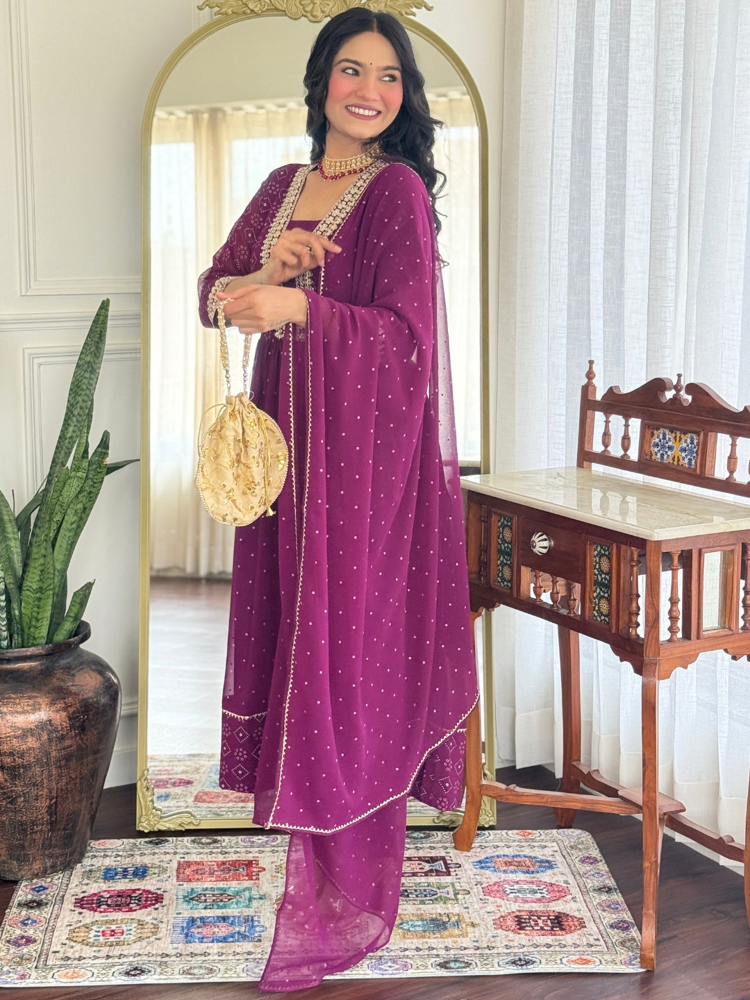 Wine Georgette Elegant Kurta Pant Set With Embroidery Work