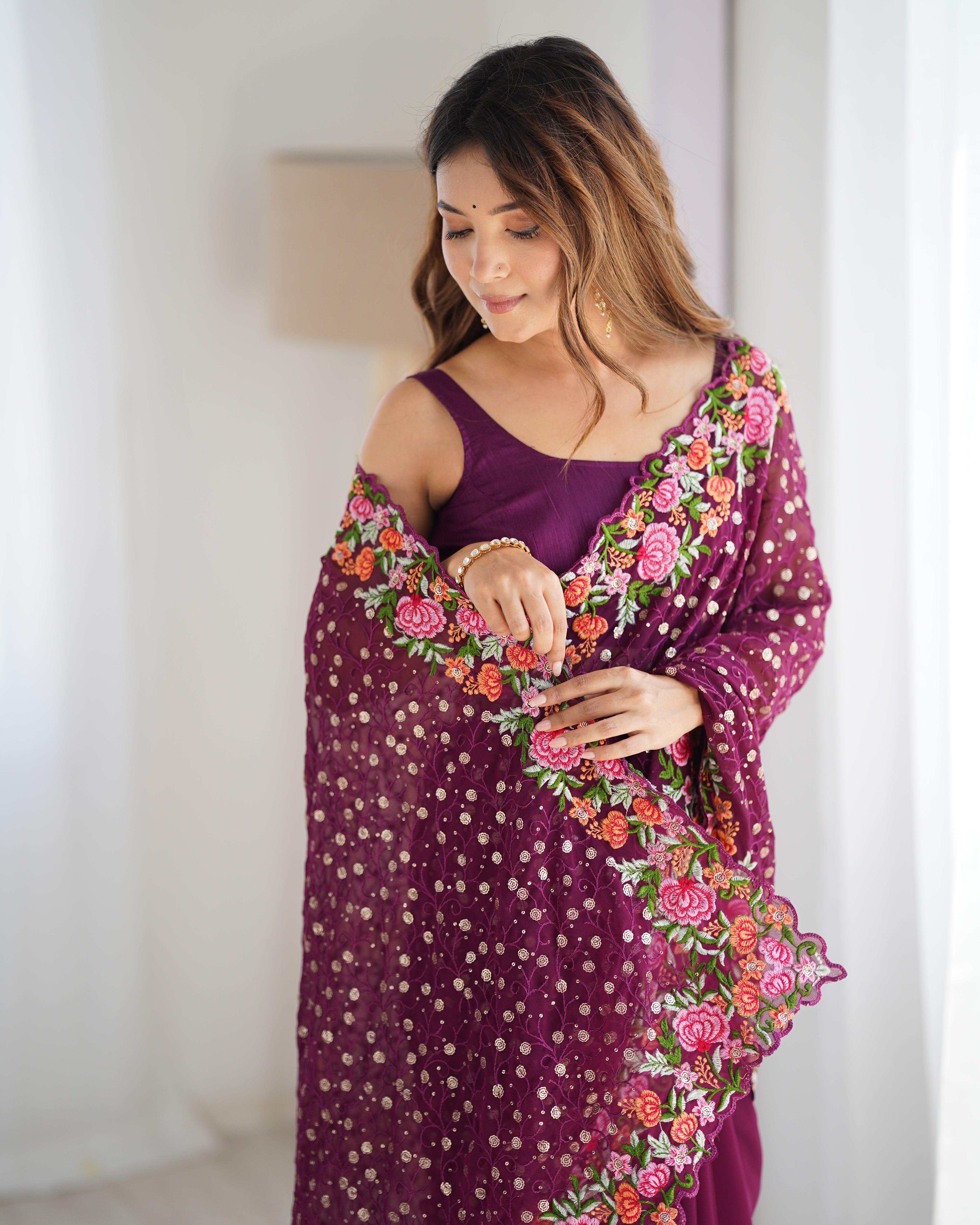 Wine Georgette Fabric Designer Sequins Work Embroidery Saree