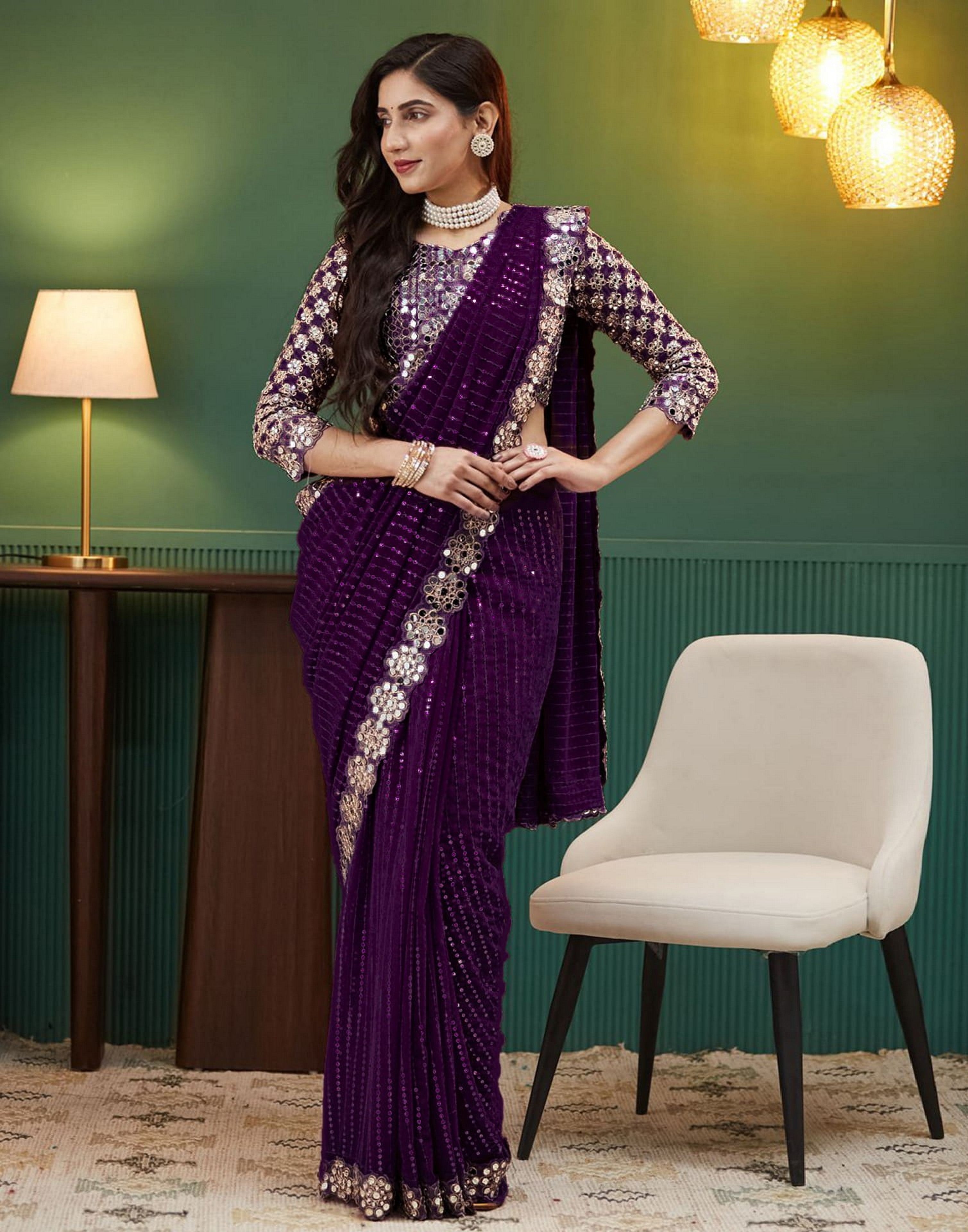 Wine Georgette Glamorous Ethnic Wedding Wear Saree