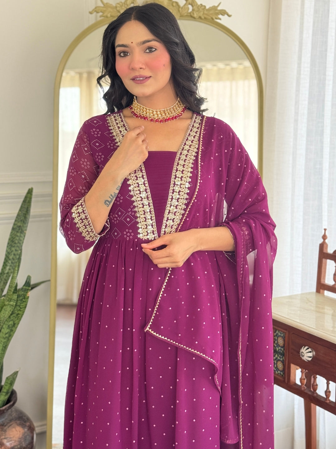 Wine Georgette Kurta Pant with Print With Thread Embroidery Work