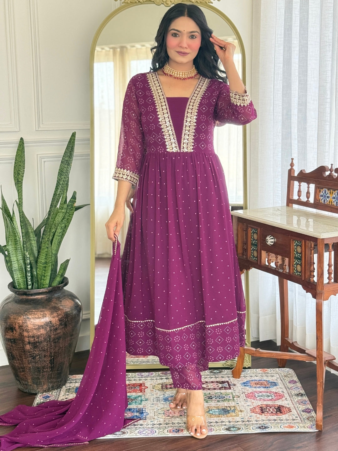 Wine Georgette Kurta Pant with Print With Thread Embroidery Work