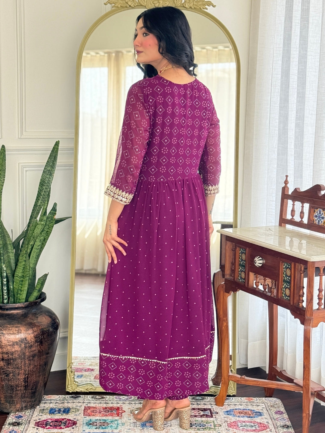 Wine Georgette Kurta Pant with Print With Thread Embroidery Work