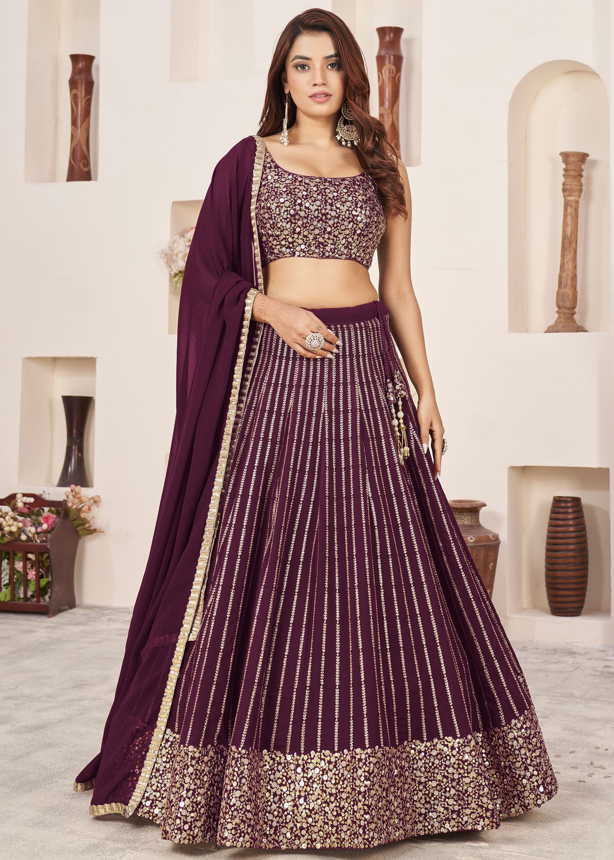 Wine Georgette Lehenga Choli With Sequins Zari Embroidered Work