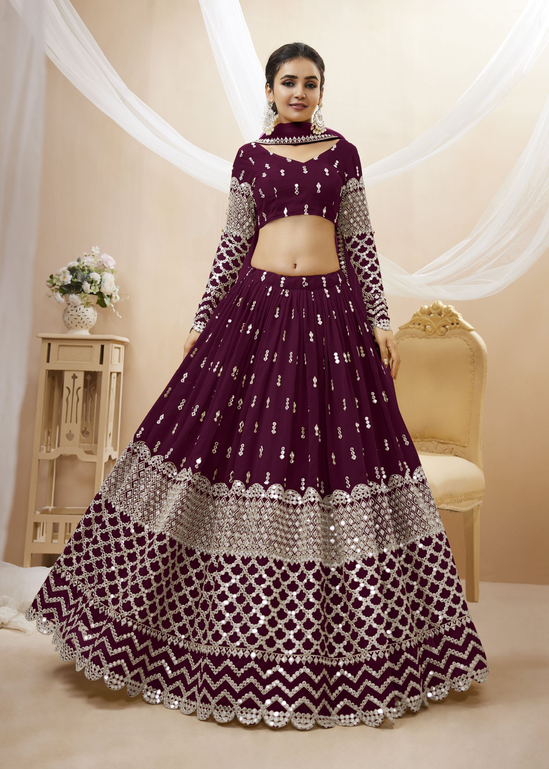 Wine Georgette Lehenga Choli With Sequins Zari Embroidered Work
