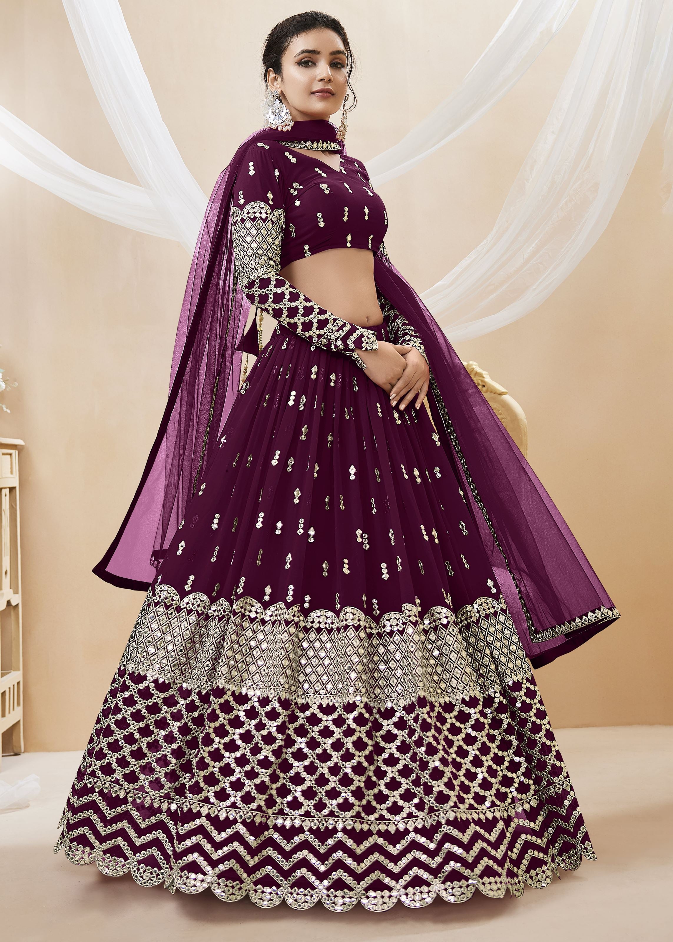Wine Georgette Lehenga Choli With Sequins Zari Embroidered Work