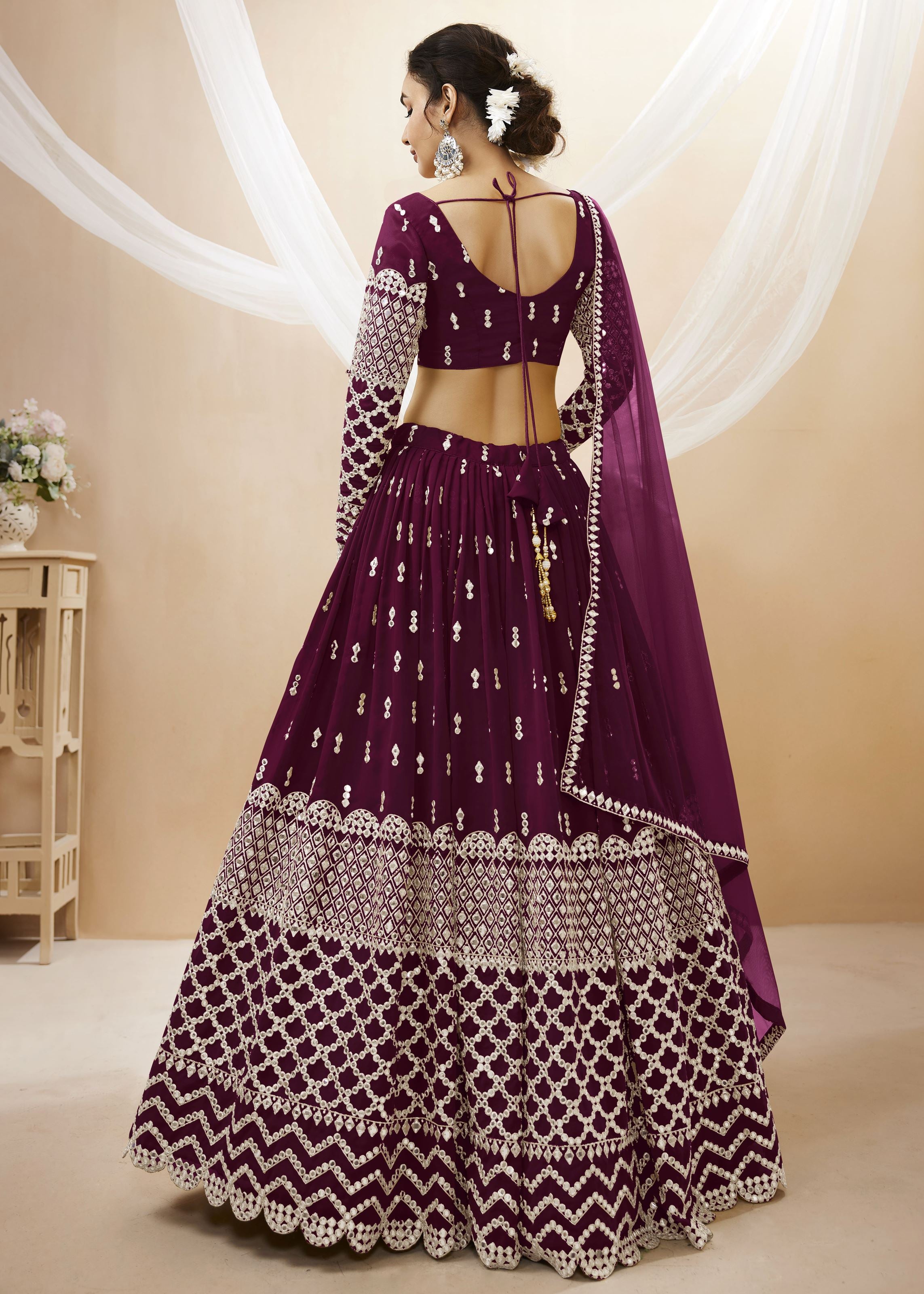 Wine Georgette Lehenga Choli With Sequins Zari Embroidered Work