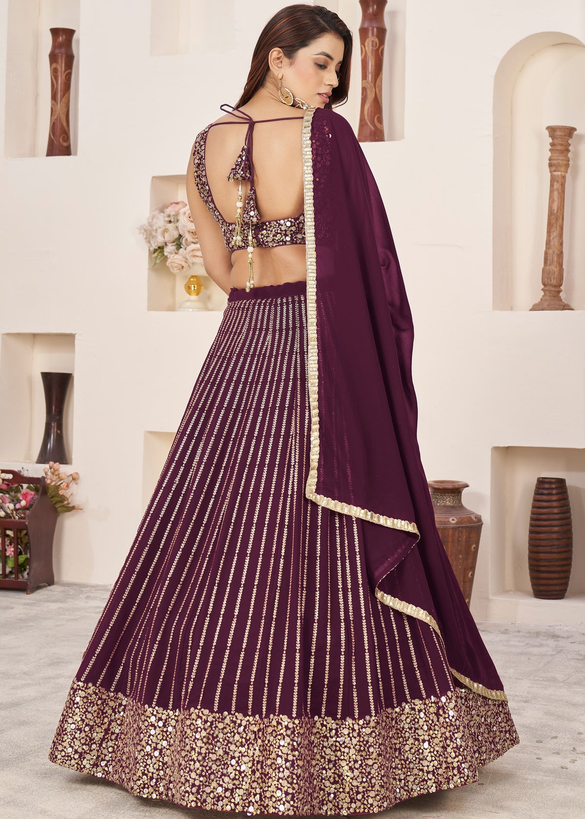 Wine Georgette Lehenga Choli With Sequins Zari Embroidered Work