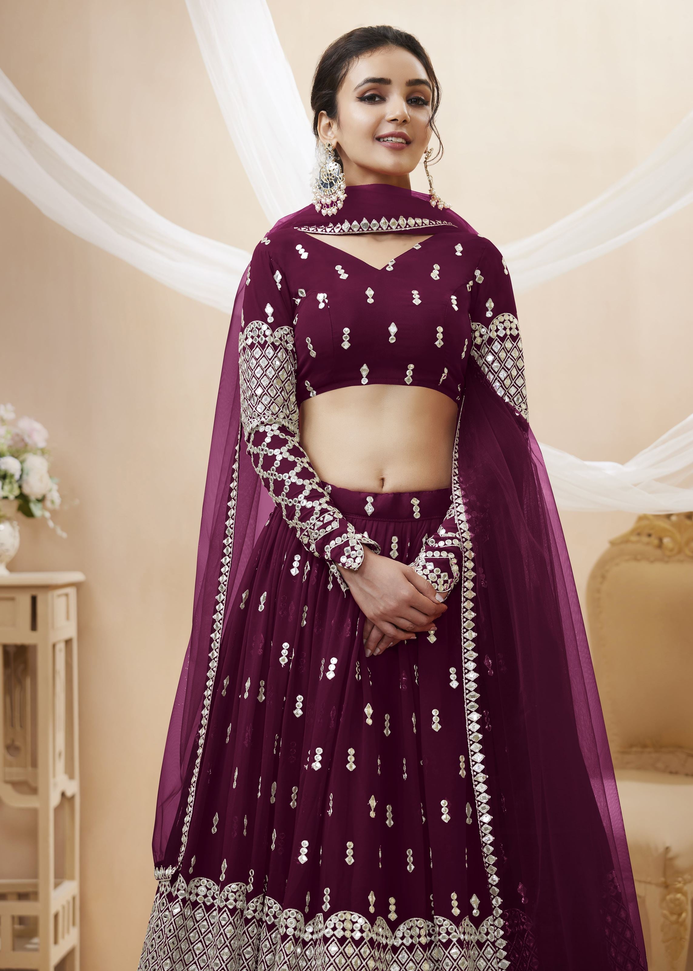 Wine Georgette Lehenga Choli With Sequins Zari Embroidered Work