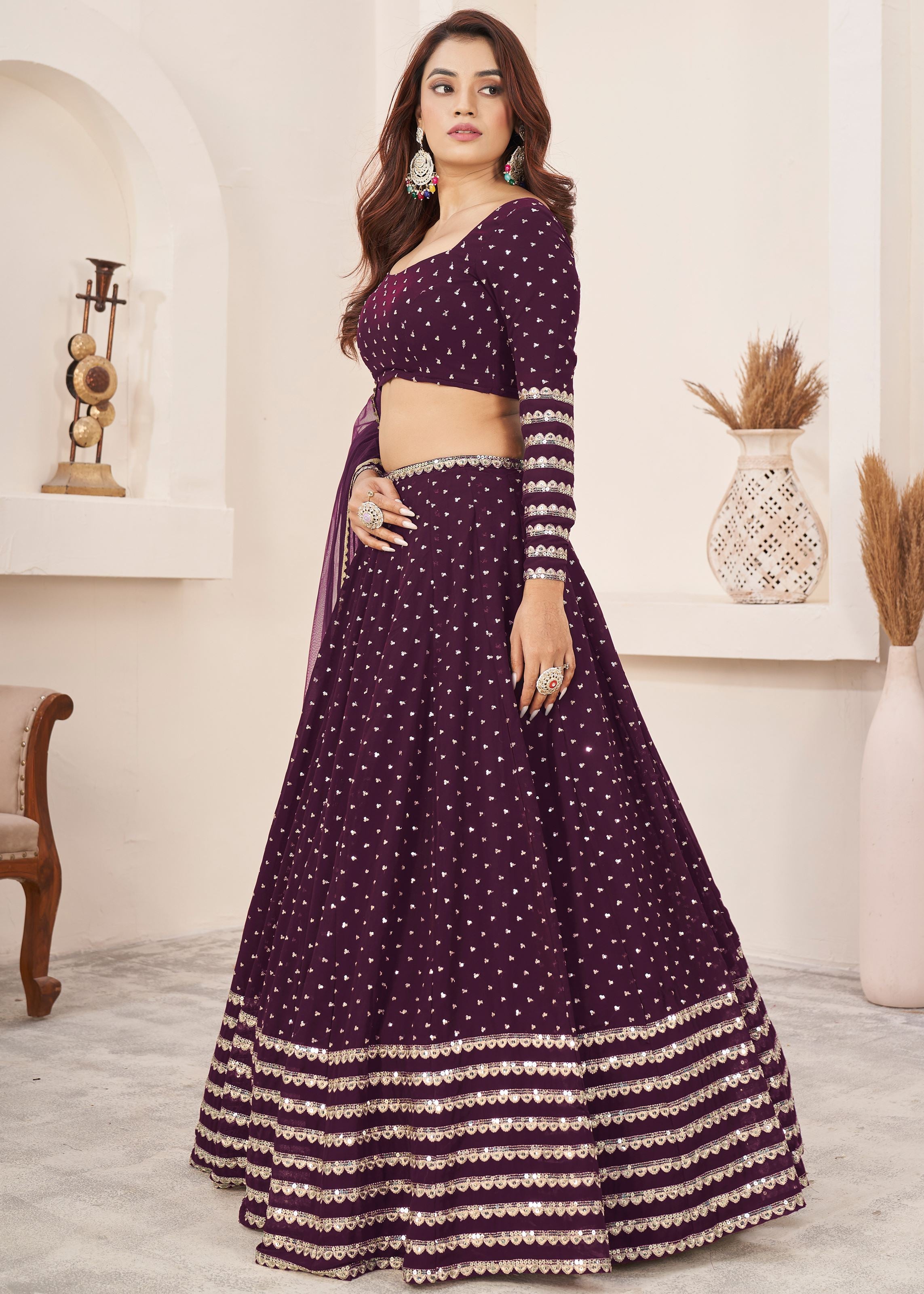 Wine Georgette Lehenga Choli With Zari, Sequins Embroidered Work