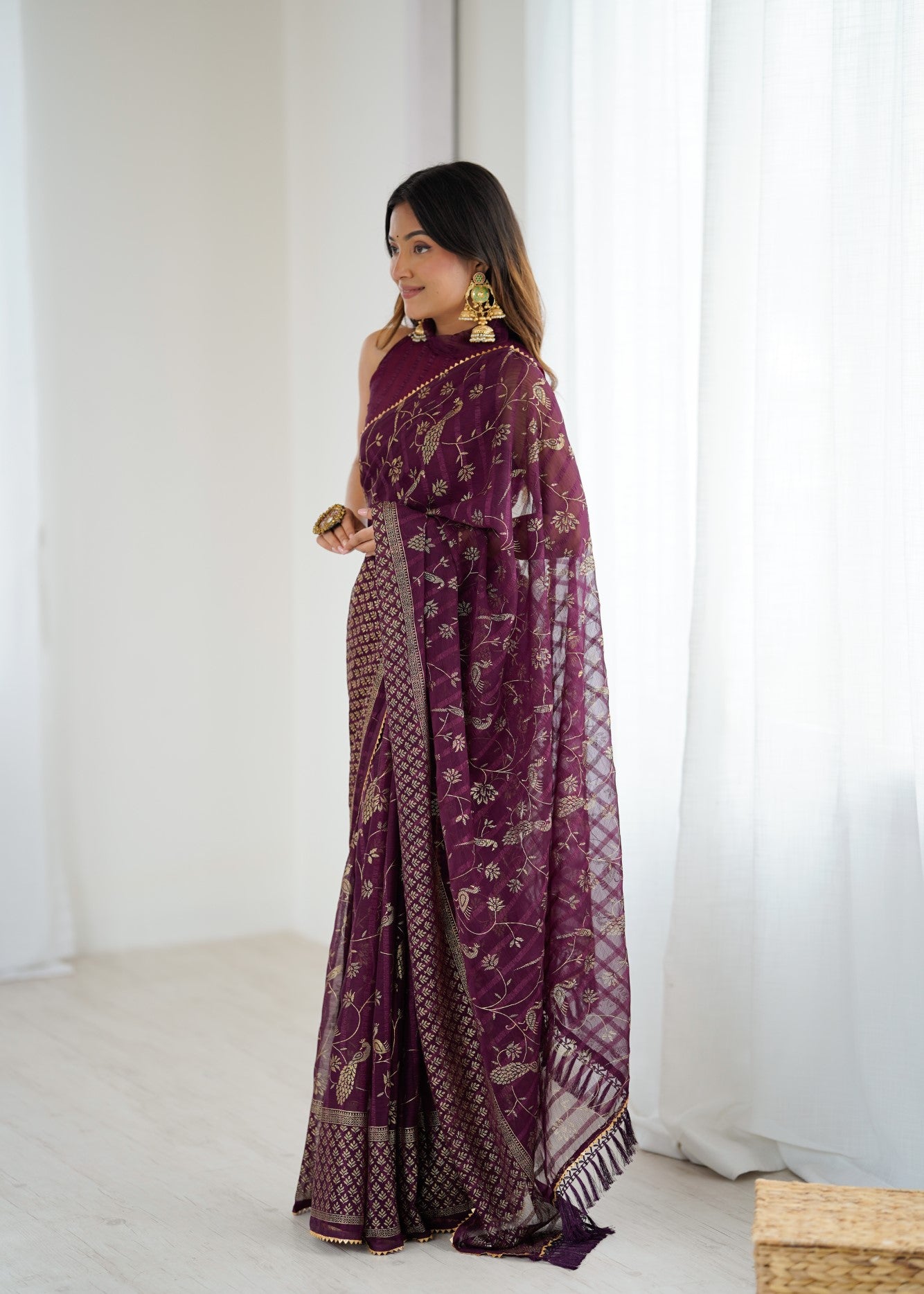 Wine Georgette Patta Saree With Foil Work And Lace Border