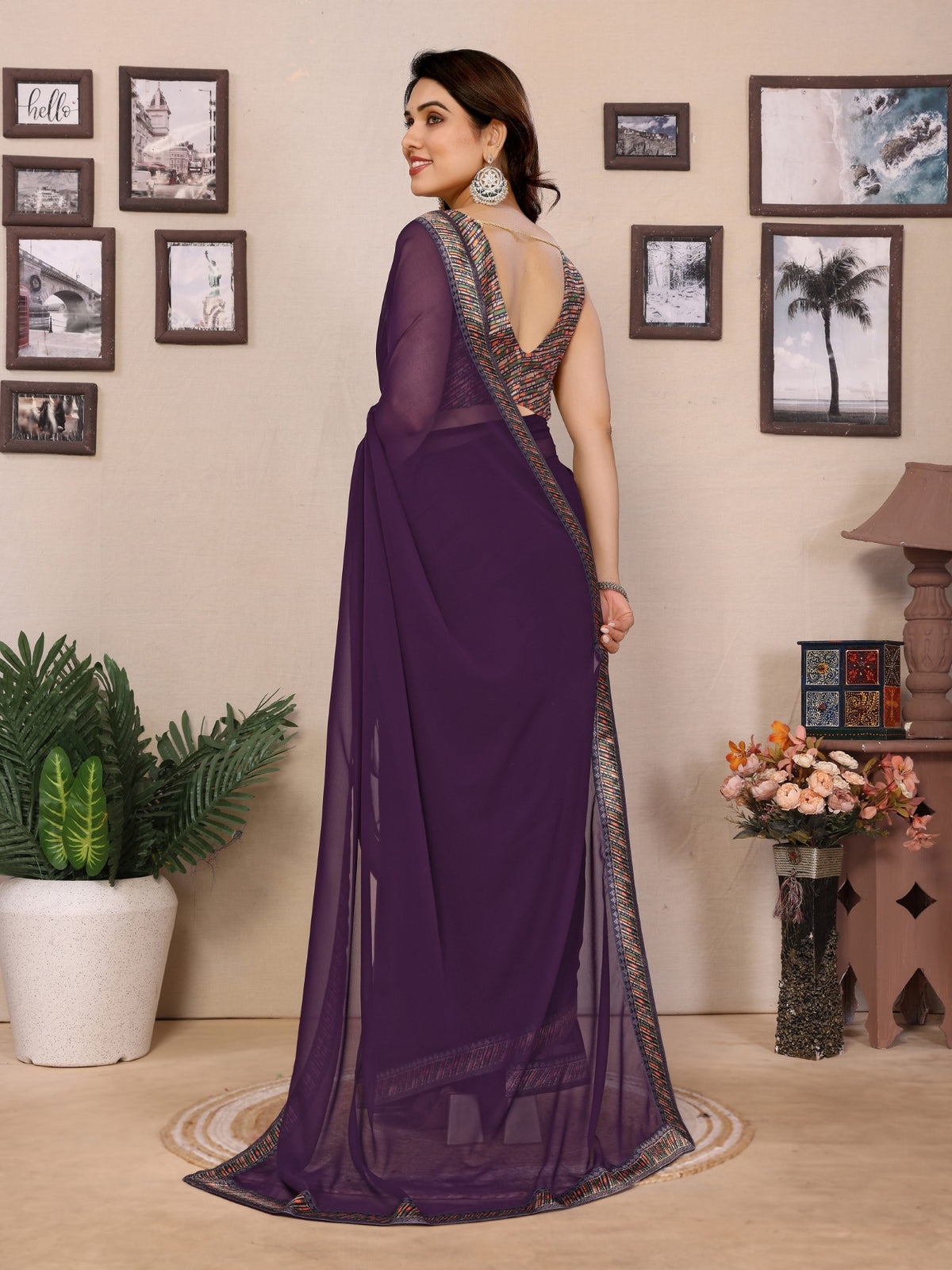 Wine Georgette Saree With Plain Design And Digital Print Blouse