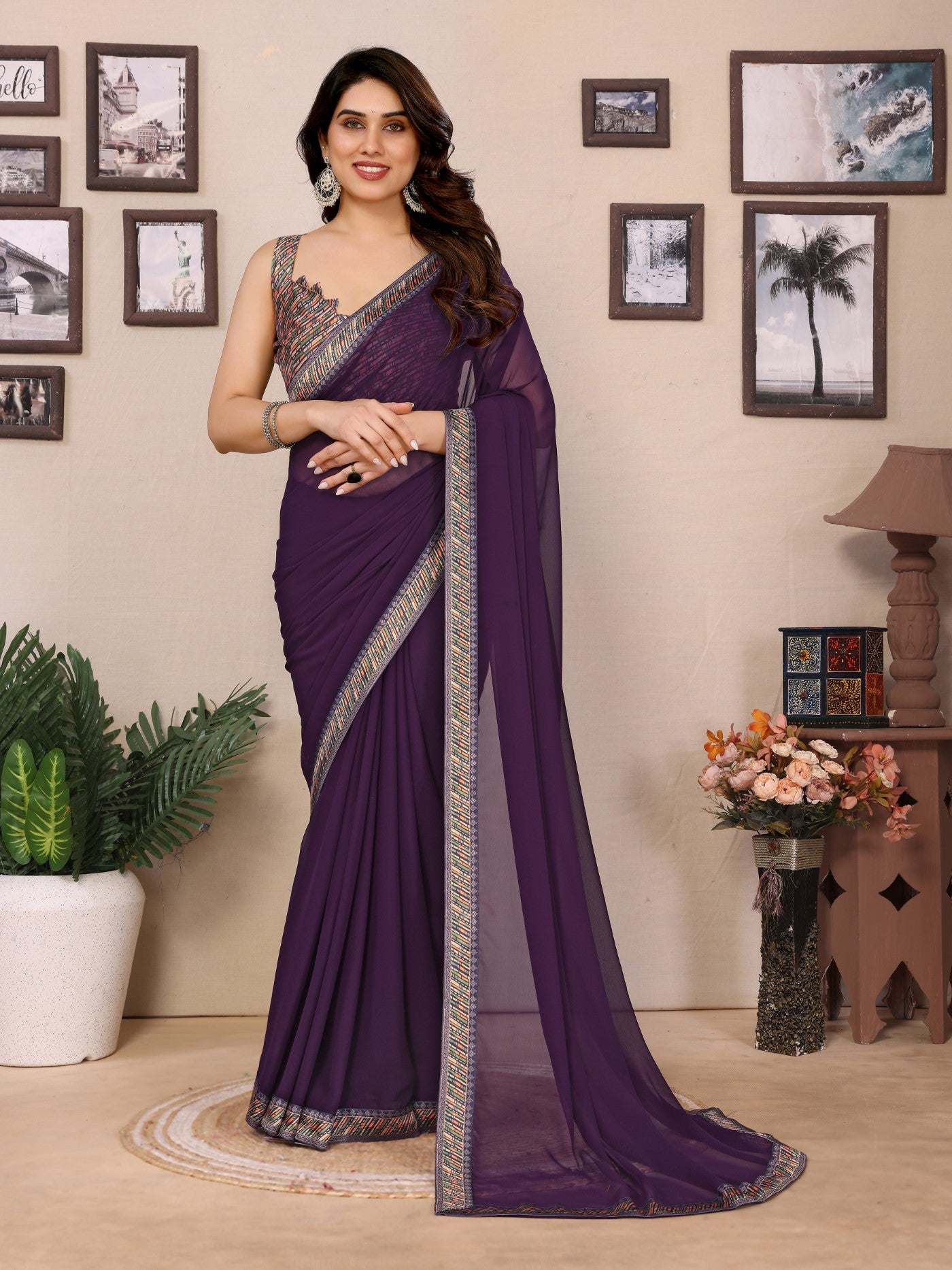Wine Georgette Saree With Plain Design And Digital Print Blouse