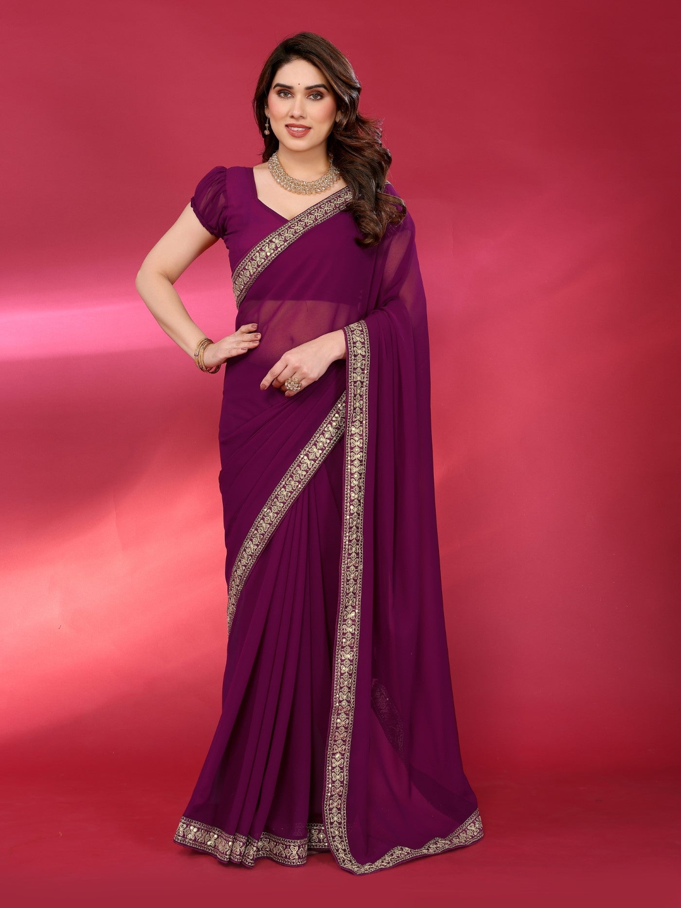 Wine Georgette Saree With Plain Saree With Embroidery Work Lace