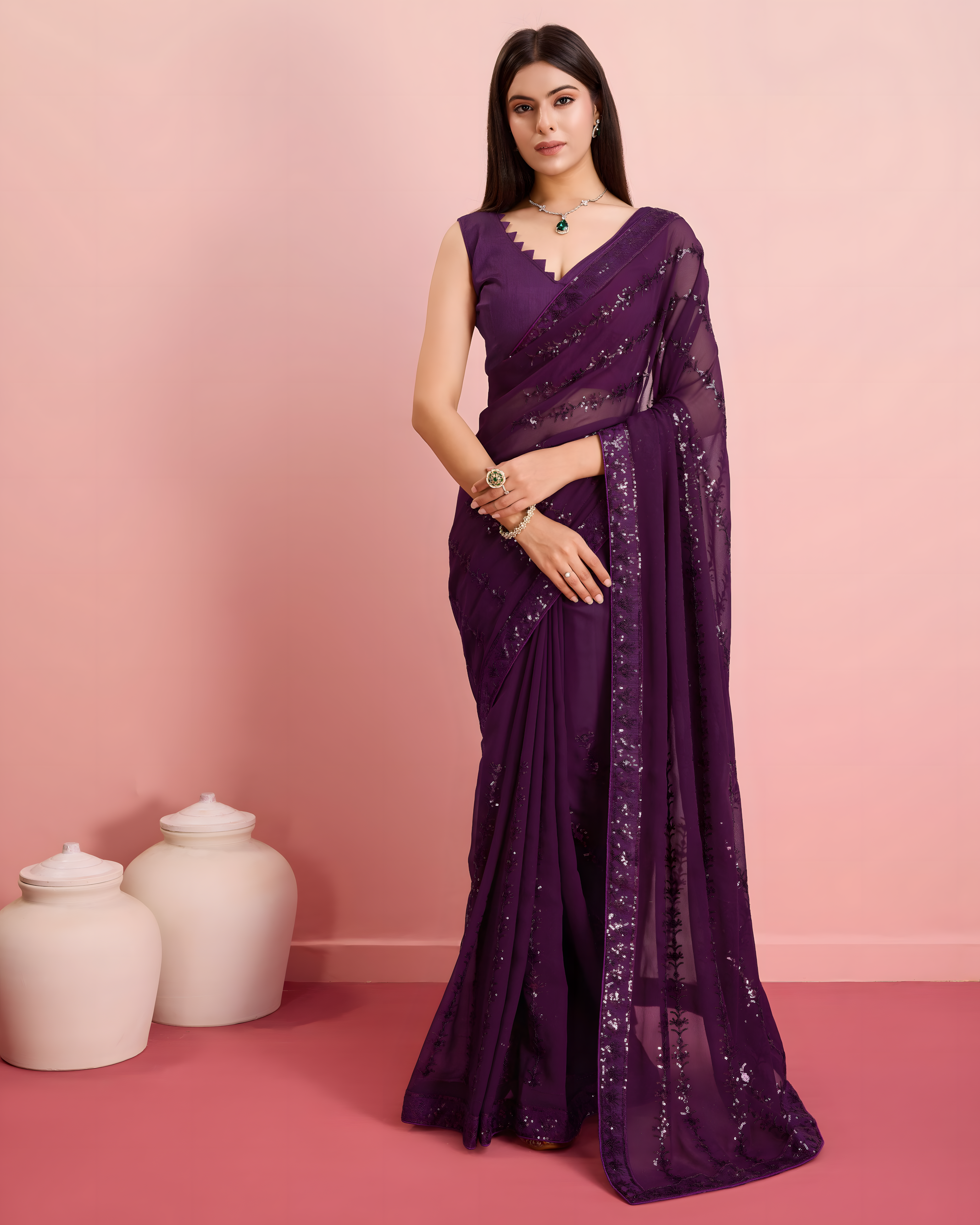 Wine Georgette Saree with 3mm sequence with threads work with lace border Work