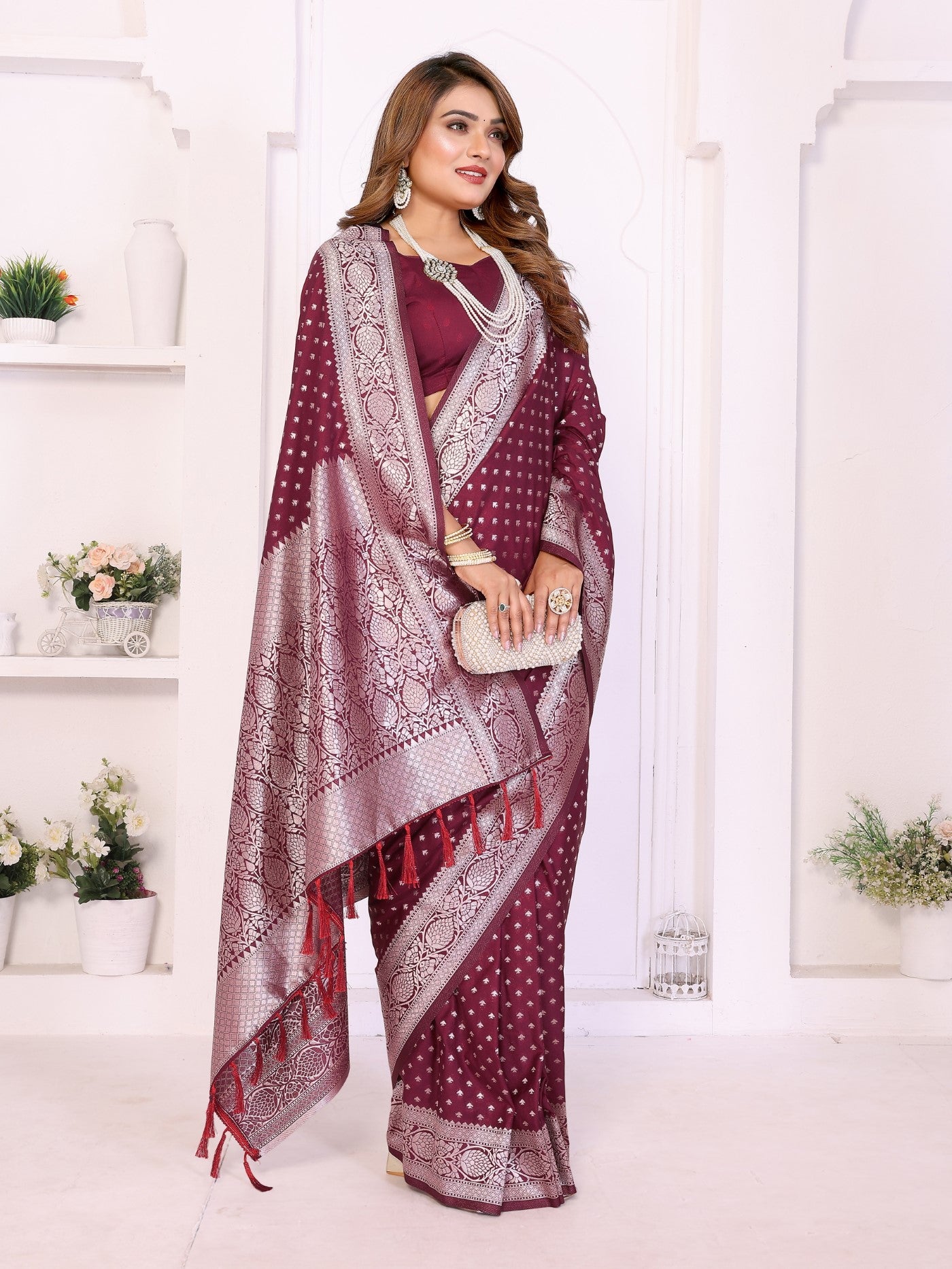 Wine Georgette Silk Saree With Classic Zari Weaving