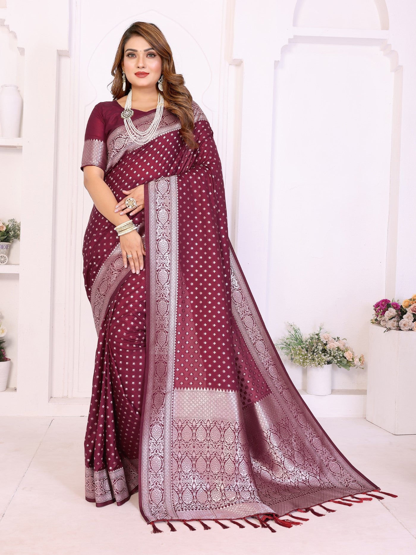 Wine Georgette Silk Saree With Classic Zari Weaving