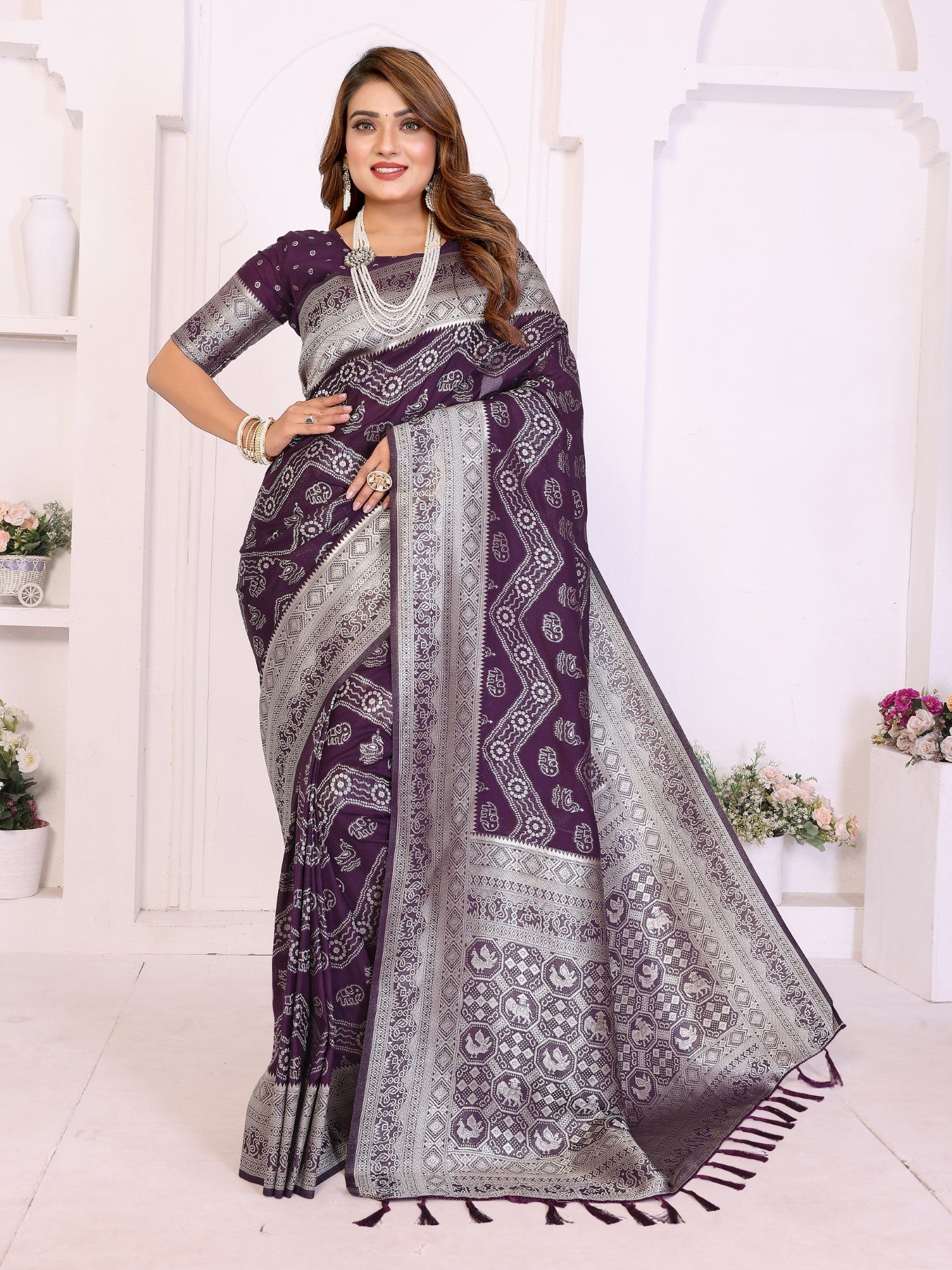 Wine Georgette Silk Saree With Leheriya And Elegant Zari Weaving