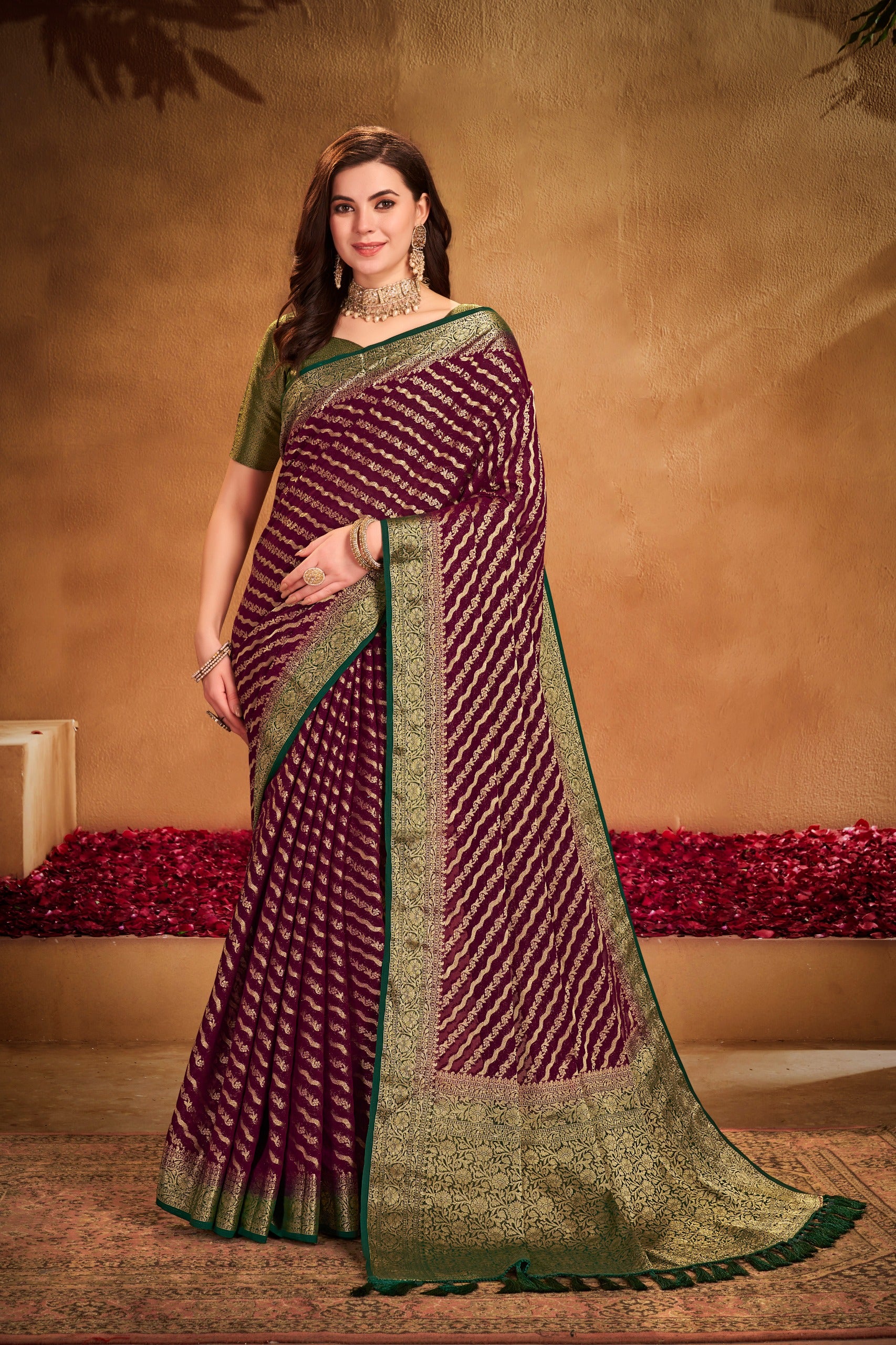 Wine Georgette Woven Designer Saree