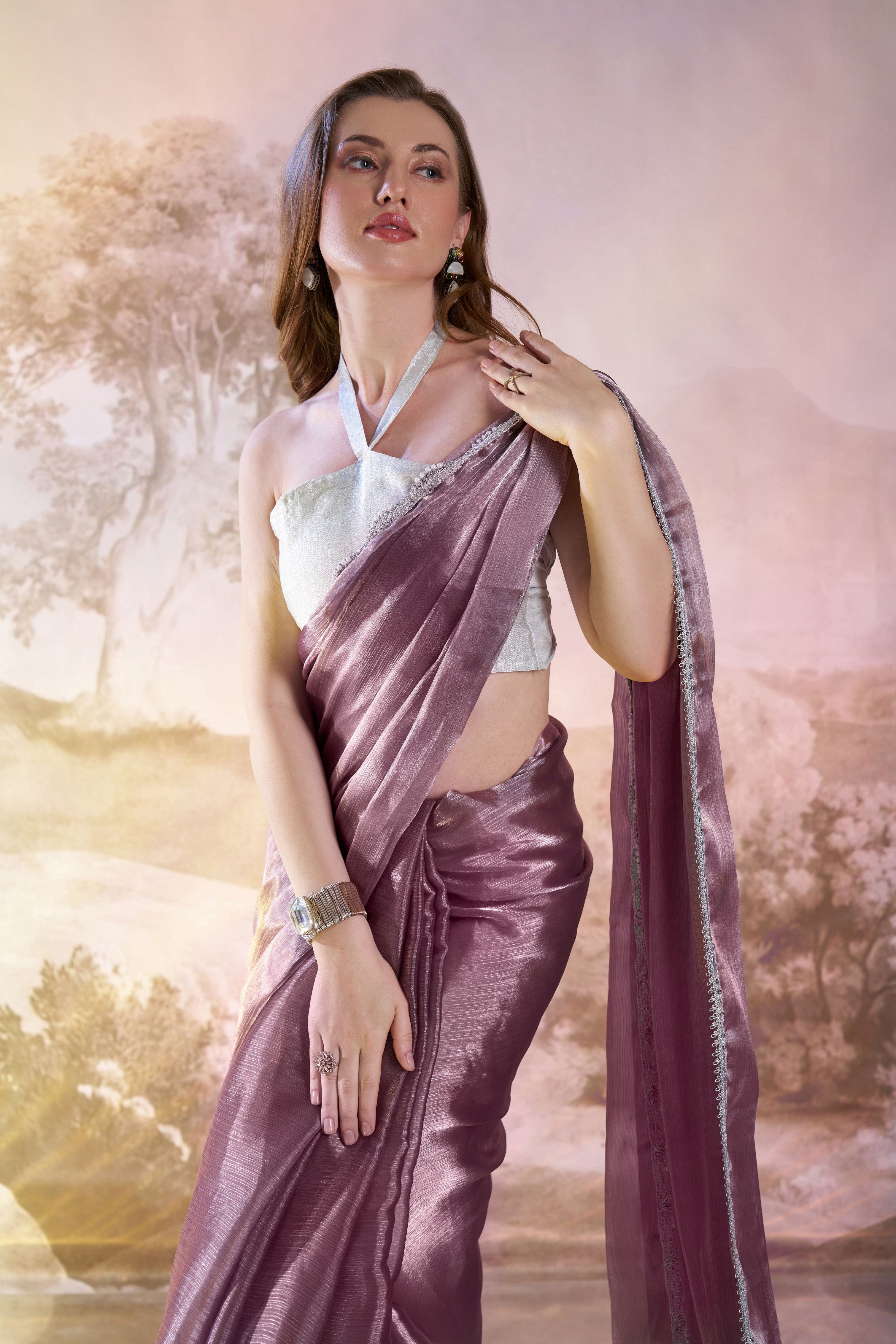 Wine Glamorous Bollywood Style Solid Fancy Designer Burberry Organza Saree
