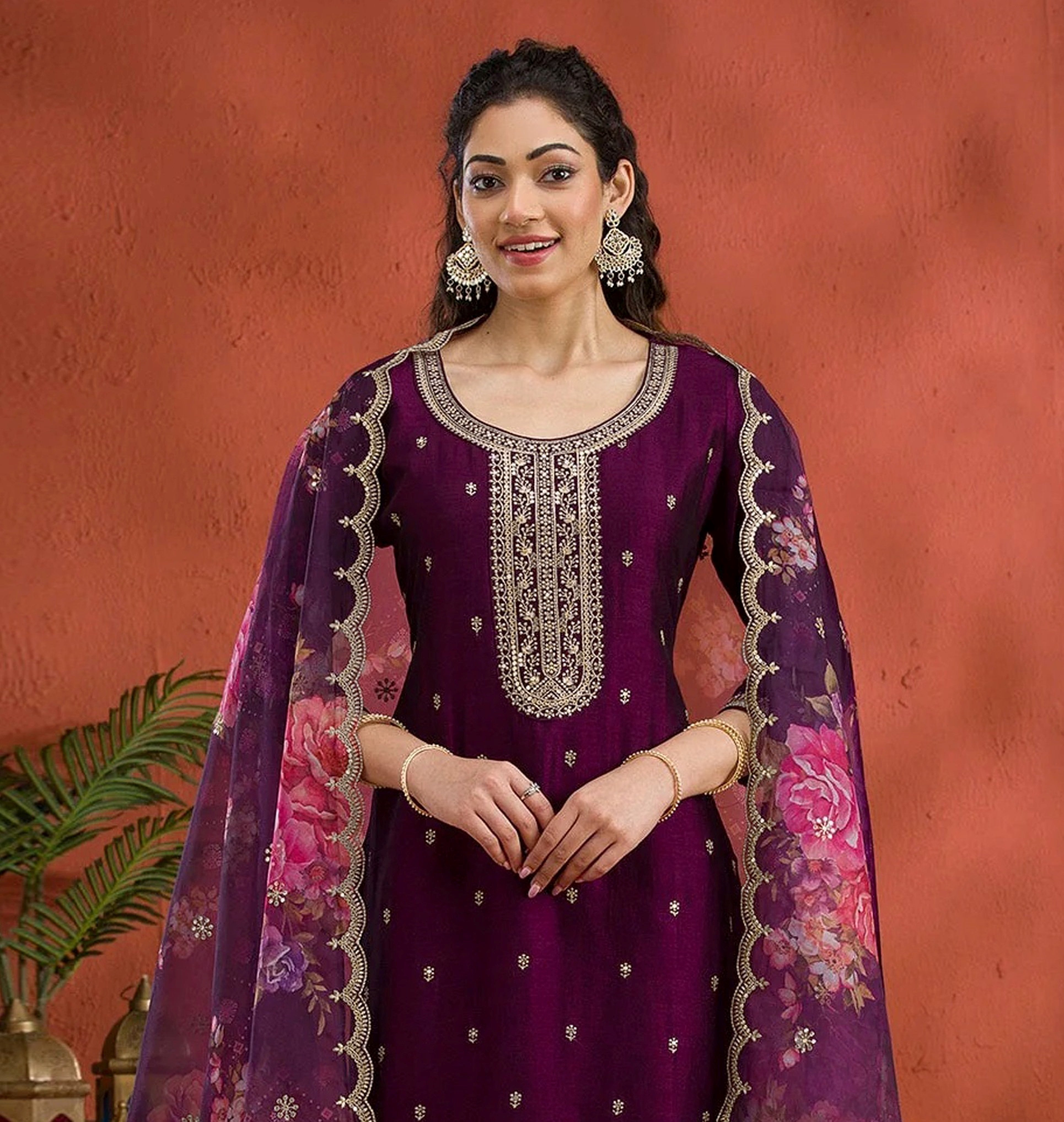 Wine Heavy Designer Suit With Heavy Embroidery Work