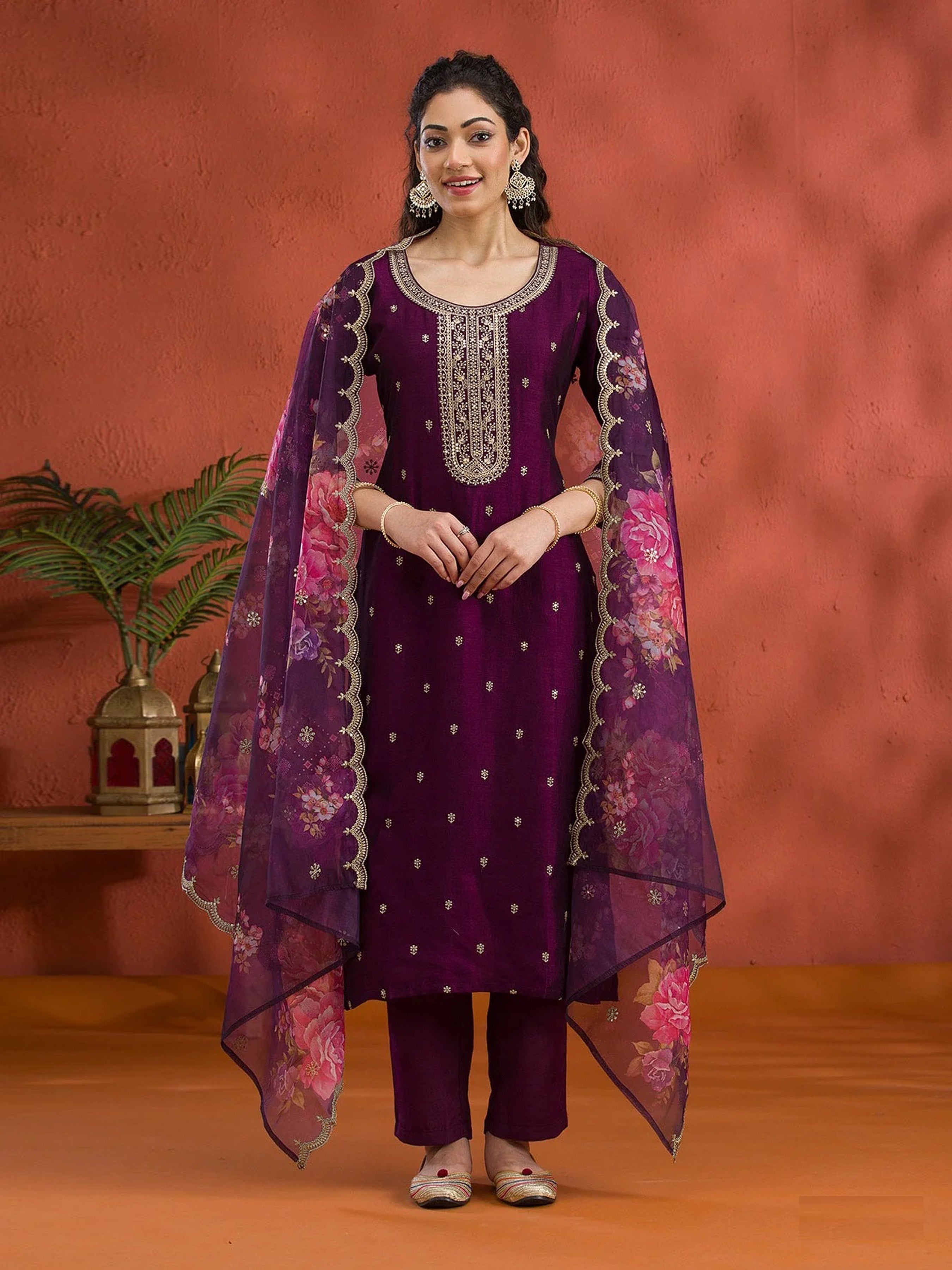 Wine Heavy Designer Suit With Heavy Embroidery Work