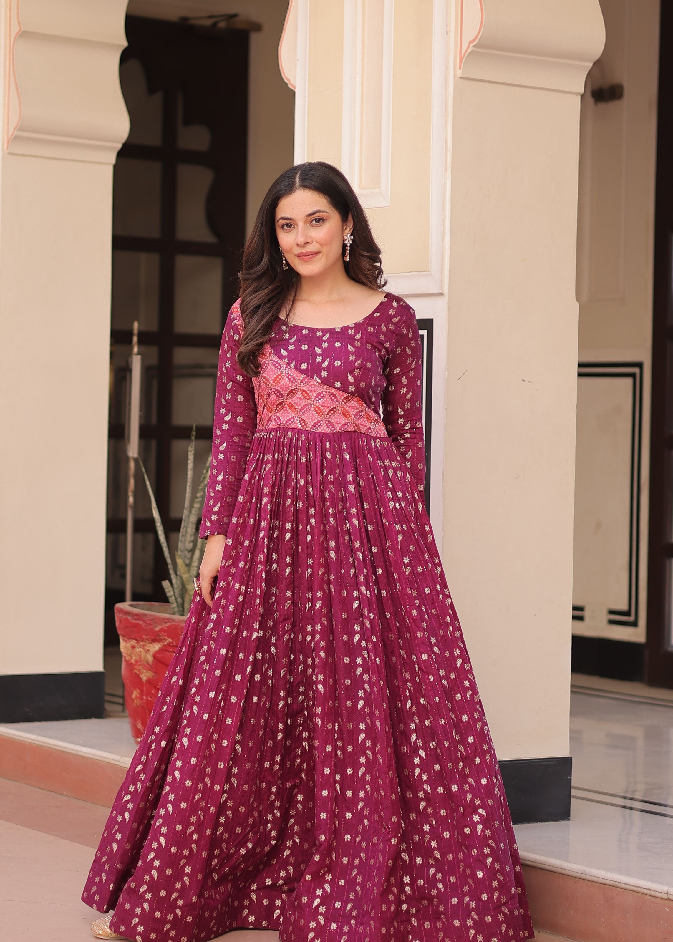 Wine Jacquard Gown With Position Print With Weaving Work